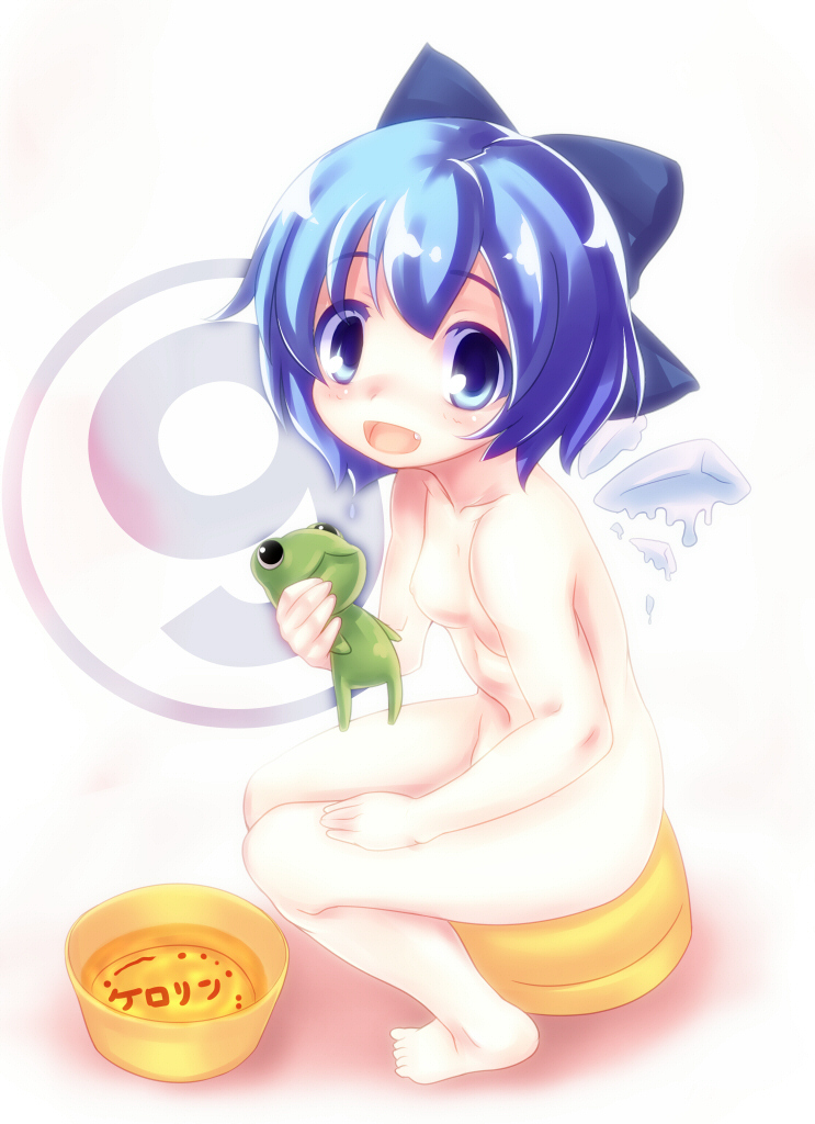 nanamiso, cirno, phantasmagoria of flower view, touhou, hand on thigh, 1girl, :d, barefoot, bath, bath stool, blue eyes, blue hair, blush, bow, breasts, bucket, censored, circled 9, convenient censoring, fang, female focus, flat chest, frog, from side, full body, groin, hair bow, hair ribbon, holding, ice, ice wings, indoors, loli, matching hair/eyes, mini wings, nipples, nose blush, nude, open mouth, ribbon, rubber frog, shadow, short hair, simple background, sitting, small breasts, smile, solo, stool, washbowl, water, white background, wings