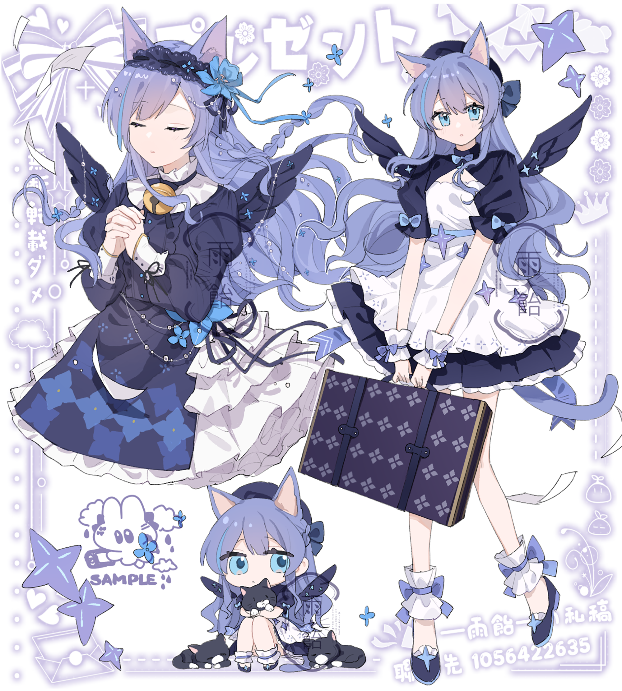 ame ame, original, highres, 1girl, animal ears, bell, beret, blue eyes, blue hair, braid, cat, chibi, closed eyes, full body, hair ornament, hairband, hat, long sleeves, multiple views, open mouth, praying, suitcase, tail, watermark, wings