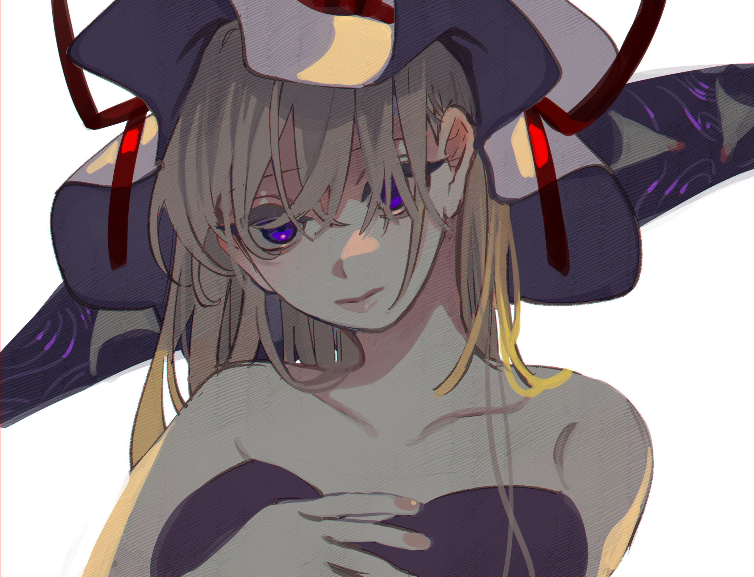 shi chimi, yakumo yukari, touhou, commentary request, highres, 1girl, alternate costume, bare shoulders, blonde hair, closed mouth, collarbone, dress, expressionless, gap (touhou), hair between eyes, hand on own chest, hat, long hair, looking at viewer, mob cap, off-shoulder dress, off shoulder, purple dress, solo, upper body, white background