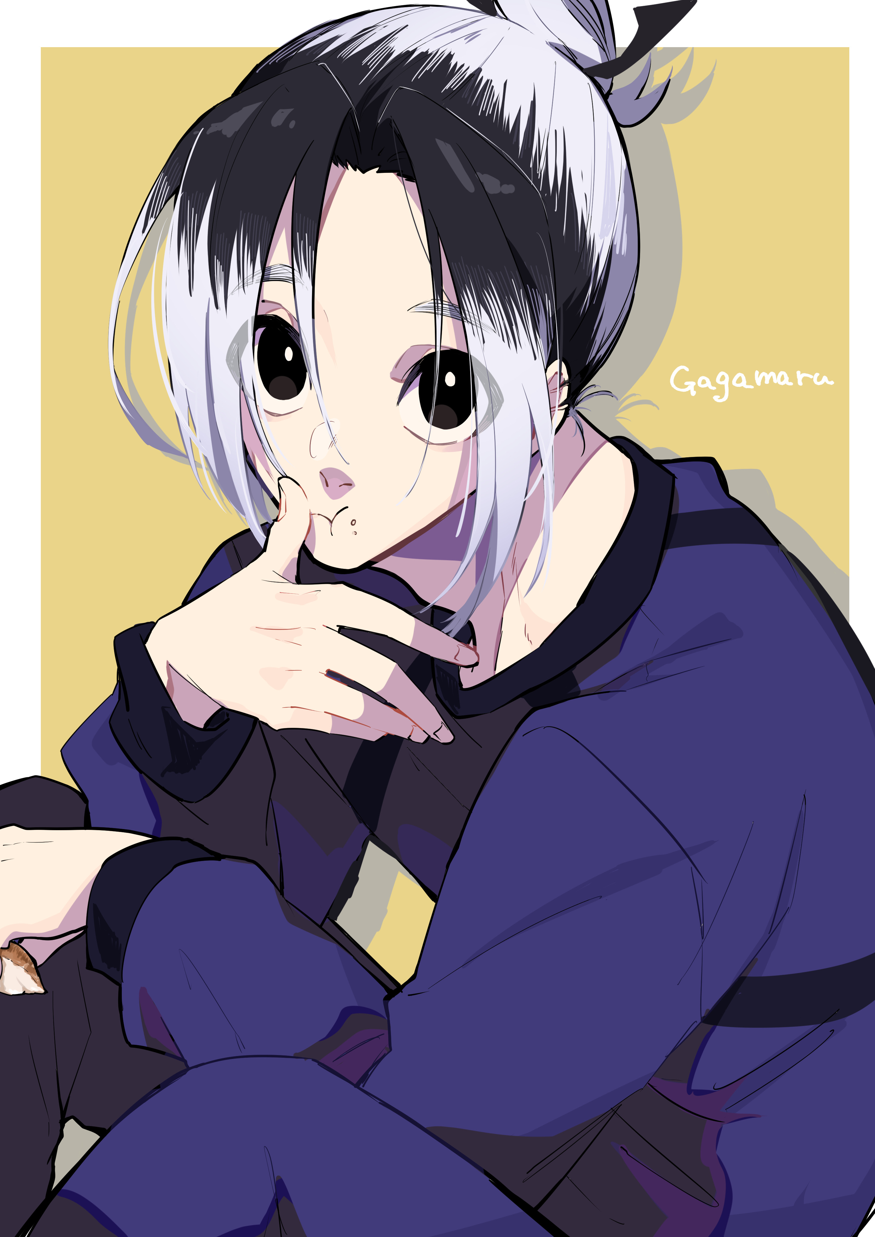 nekoma hikaru, gagamaru gin, blue lock, absurdres, highres, 1boy, adam's apple, black eyes, black hair, border, bright pupils, chewing, eating, food, food on face, hair bun, long sleeves, looking at viewer, male focus, multicolored hair, short hair, single hair bun, sitting, solo, two-tone hair, white border, white pupils