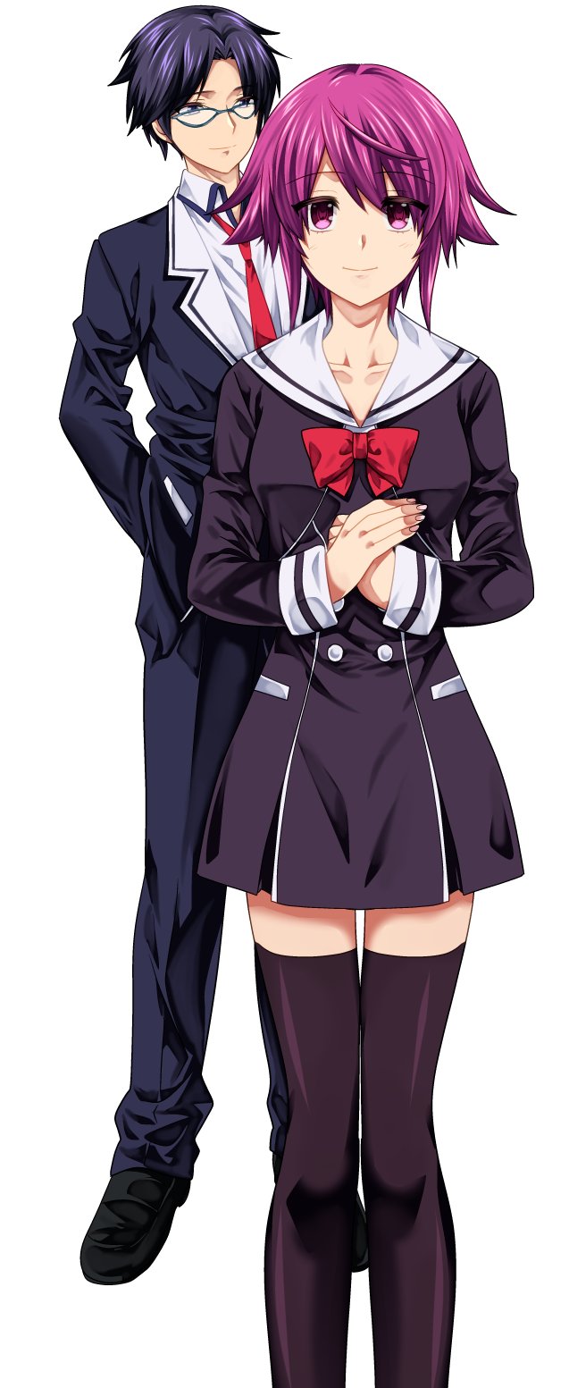 ikuhashi muiko, miyashiro takuru, onoe serika, chaos;child, science adventure, highres, 1boy, 1girl, black jacket, black pants, black pantyhose, blue-framed eyewear, blue eyes, blue hair, blue jacket, blue pants, bow, breasts, buttons, chest bow, collarbone, collared shirt, cropped jacket, double-breasted, dress, dress shirt, dress vest, hekiho academy school uniform, jacket, lapels, long sleeves, looking at viewer, miniskirt, necktie, notched lapels, open collar, own hands together, pants, pantyhose, pink eyes, pink hair, red bow, red necktie, sailor collar, school uniform, shirt, short dress, skirt, small breasts, smile, white background, white sailor collar, white shirt