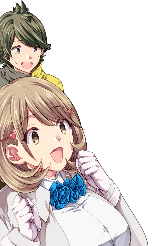 ikuhashi muiko, gamon yuuta, narusawa ryouka, occultic;nine, science adventure, 1boy, 1girl, breasts, brown coat, brown hair, buttons, coat, collared shirt, dress shirt, green eyes, green hair, hair ornament, hairclip, heart, heart button, heart hair ornament, high-waist skirt, huge breasts, impossible clothes, miniskirt, multicolored coat, pink skirt, shirt, short hair, skirt, white background, white coat, white shirt, yellow coat