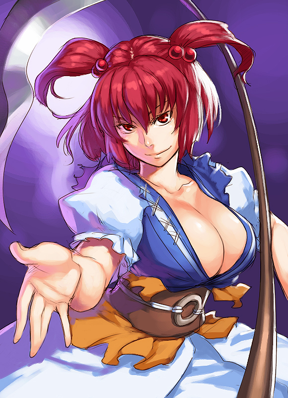 azusa (hws), onozuka komachi, touhou, 1girl, belt, breasts, cleavage, collarbone, female focus, huge breasts, japanese clothes, large breasts, lips, purple background, red eyes, red hair, scythe, short hair, solo, twintails, two side up