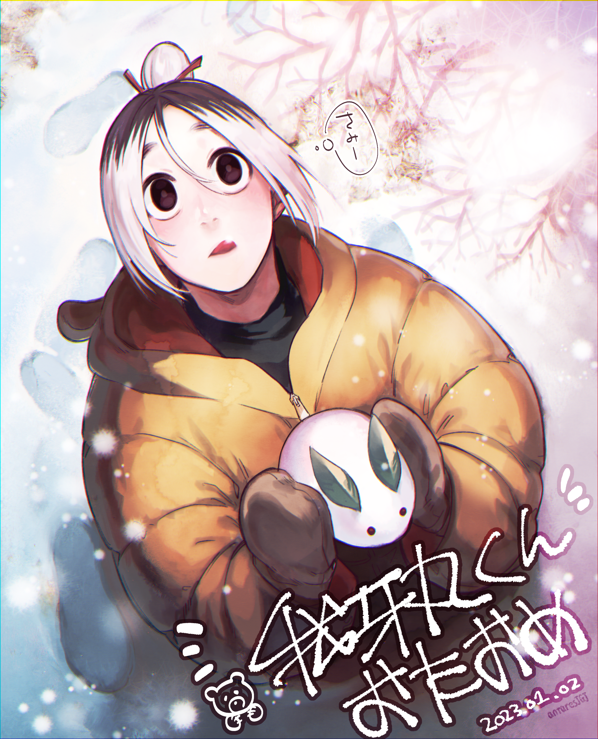 yokoshima mingu, gagamaru gin, blue lock, absurdres, highres, 1boy, artist name, black eyes, black hair, coat, dated, day, footprints, hood, hood down, looking up, male focus, mittens, multicolored hair, outdoors, snow rabbit, solo, speech bubble, thought bubble, two-tone hair, white hair, yellow coat
