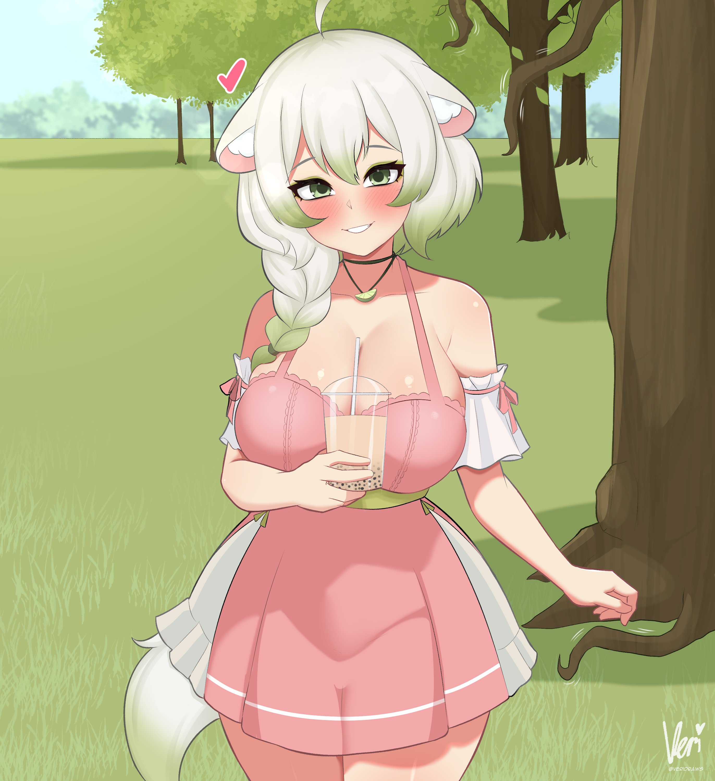 veridraws, laimu (vtuber), indie virtual youtuber, absurdres, highres, 1girl, animal ears, braid, braided ponytail, breasts, bubble tea, cleavage, dress, eyeliner, ferret ears, ferret girl, ferret tail, food, food-themed necklace, fruit, gradient tail, grass, green eyeliner, green eyes, green hair, green tail, heart, jewelry, large breasts, lime (fruit), lime slice, makeup, multicolored tail, necklace, outdoors, pink dress, smile, tail, thighs, tree, two-tone tail, white hair, white tail