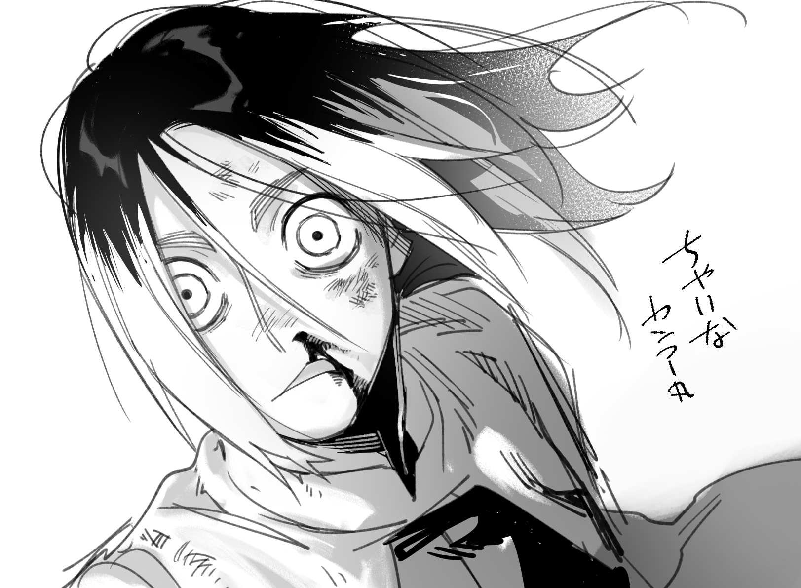 yokoshima mingu, gagamaru gin, blue lock, highres, 1boy, blood, greyscale, long hair, male focus, monochrome, multicolored hair, nosebleed, solo, two-tone hair, upper body