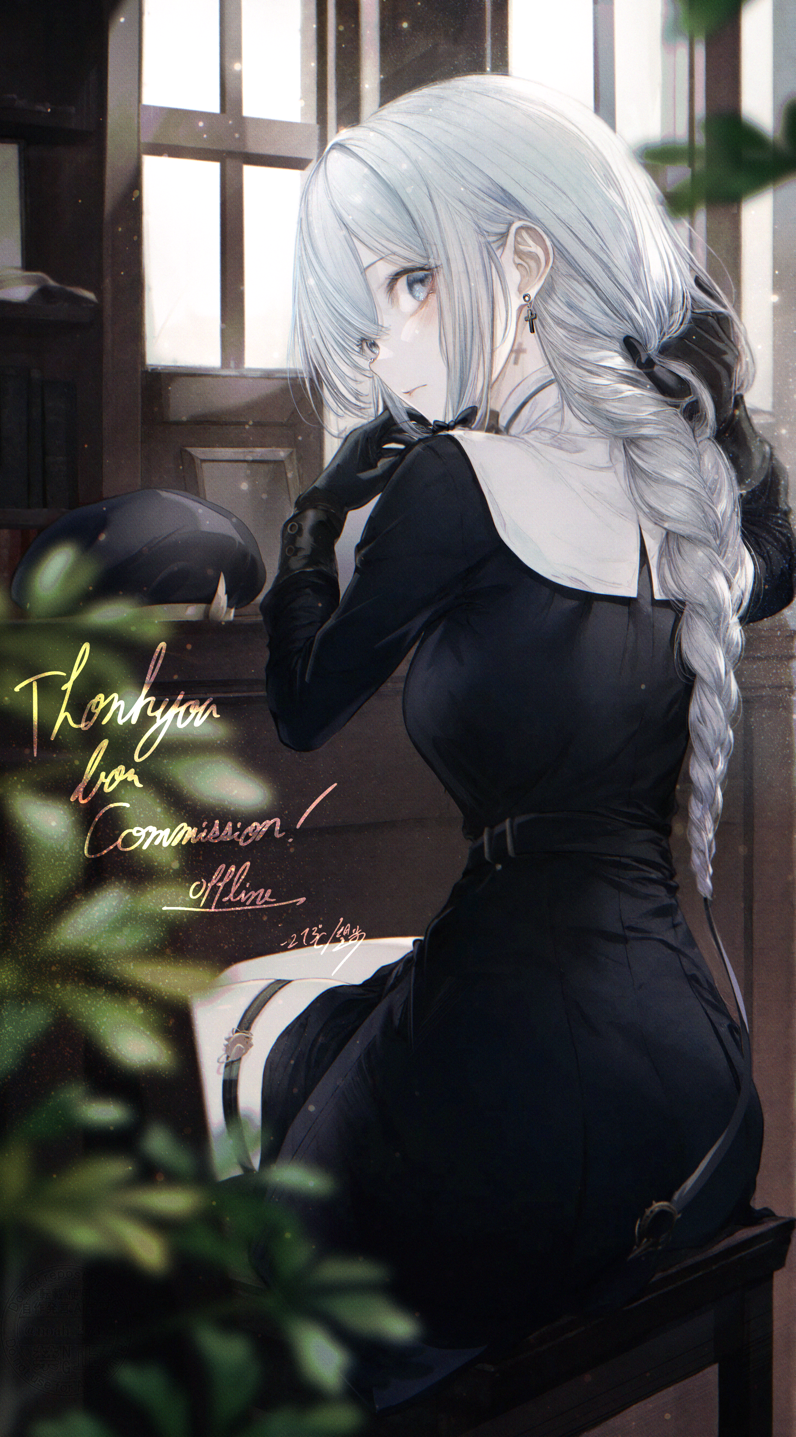 renoahh, nagisa (virtuareal), absurdres, commission, highres, 1girl, beret, black gloves, black hat, blurry, braid, braided ponytail, chair, cross, cross earrings, earrings, from behind, gloves, grey eyes, grey hair, hat, jewelry, looking at viewer, looking back, nun, on chair, sitting, solo, thigh strap, unworn headwear, virtual youtuber