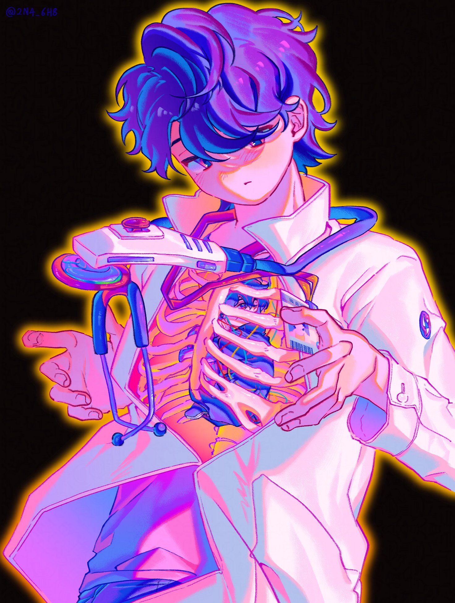 max (2n4 6h8), houjou emu, parad, kamen rider, kamen rider ex-aid (series), tokusatsu, commentary request, highres, 2boys, black background, blue pants, fetal position, lab coat, looking at viewer, male focus, multiple boys, pants, pink eyes, pink shirt, purple hair, ribs, shirt, short hair, stethoscope