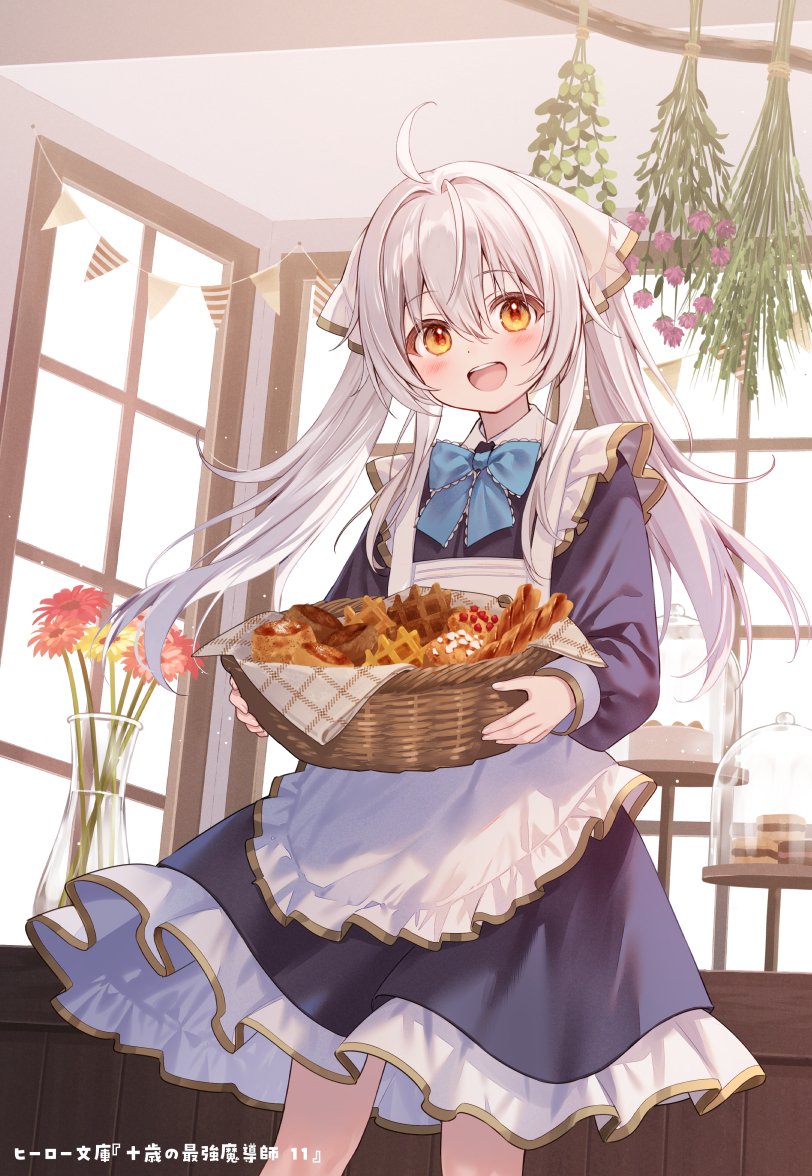 fukahire (ruinon), original, check copyright, commentary, copyright request, symbol-only commentary, 1girl, ahoge, apron, basket, black dress, blue ribbon, blush, dot nose, dress, feet out of frame, flower, food, frilled apron, frilled dress, frills, hair intakes, hair ribbon, holding, holding basket, indoors, long bangs, long hair, long sleeves, looking at viewer, maid, neck ribbon, open mouth, orange eyes, ribbon, short dress, solo, string of flags, vase, waffle, white apron, white hair, white ribbon, window, wispy bangs
