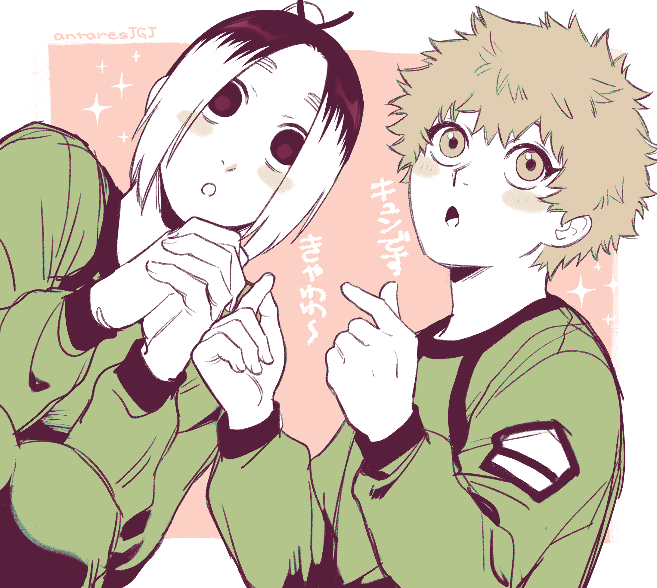 yokoshima mingu, gagamaru gin, naruhaya asahi, blue lock, highres, 2boys, :o, artist name, black eyes, blush, brown eyes, brown hair, green shirt, hands up, interlocked fingers, male focus, medium hair, multicolored hair, multiple boys, own hands together, pink background, shirt, two-tone hair, white hair