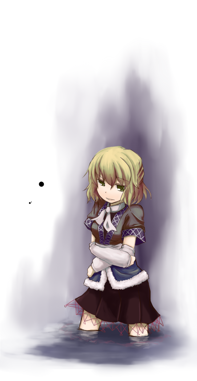 kokotetsu, mizuhashi parsee, touhou, bad id, bad pixiv id, highres, 1girl, arm warmers, blonde hair, crossed arms, female focus, gradient background, green eyes, partially submerged, scarf, short hair, solo, standing, water