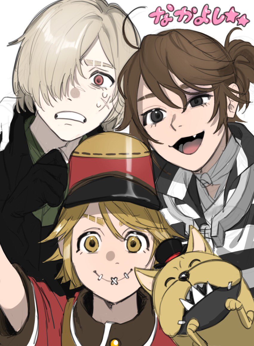 andrew kreiss, luca balsa, victor grantz, wick (identity v), identity v, bad id, bad twitter id, commentary request, translation request, 3boys, :3, :d, ahoge, albino, arm around shoulder, ascot, bandaged neck, bandages, black eyes, black gloves, black jacket, blonde hair, brown hair, bruise, bruised eye, c:, collar, cross scar, dog, facial scar, fang, furrowed brow, gloves, green ascot, hair over one eye, half-closed eye, hat, injury, jacket, kepi, looking at viewer, male focus, metal collar, military hat, multiple boys, open mouth, ponytail, popped collar, portrait, red eyes, scar, scar on cheek, scar on face, selfie, shirt, short hair, short ponytail, smile, stitched mouth, stitches, striped clothes, striped shirt, sweat, uneven eyes, waiwai wai, yellow eyes