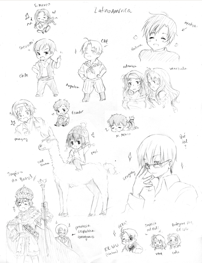 america (hetalia), axis powers hetalia, uniform, 00s, 6+boys, argentina, blush, brazil, chihuahua, chile, colombia, crown, dog, ecuador, glasses, greyscale, llama, long hair, looking at viewer, mexico, monochrome, multiple boys, multiple girls, musical note, open mouth, paraguay, peru, short hair, simple background, sketch, smile, turtle, uruguay, venezuela, white background