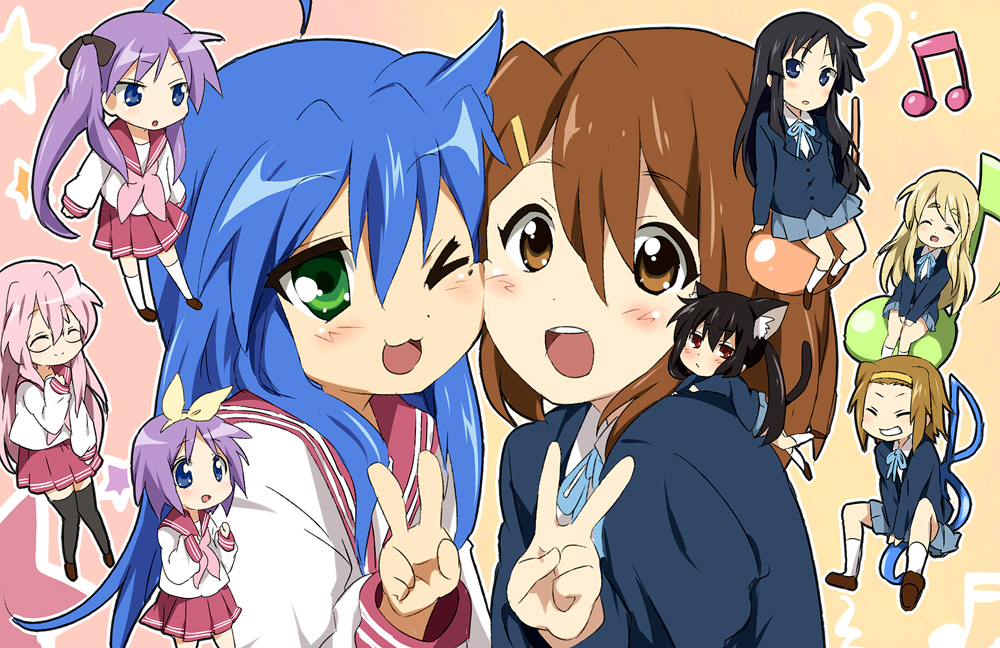 maruki (punchiki), akiyama mio, hiiragi kagami, hiiragi tsukasa, hirasawa yui, izumi konata, kotobuki tsumugi, nakano azusa, tainaka ritsu, takara miyuki, k-on!, lucky star, bad id, bad pixiv id, 00s, 6+girls, animal ears, antenna hair, black hair, blue eyes, blue hair, blush, brown hair, cat ears, cat tail, cheek-to-cheek, closed eyes, crossover, glasses, green eyes, heads together, ho-kago tea time, long hair, mole, mole under eye, multiple girls, musical note, one eye closed, pink hair, purple hair, school uniform, serafuku, siblings, sisters, star (symbol), tail, thighhighs, twins, twintails, v, wink