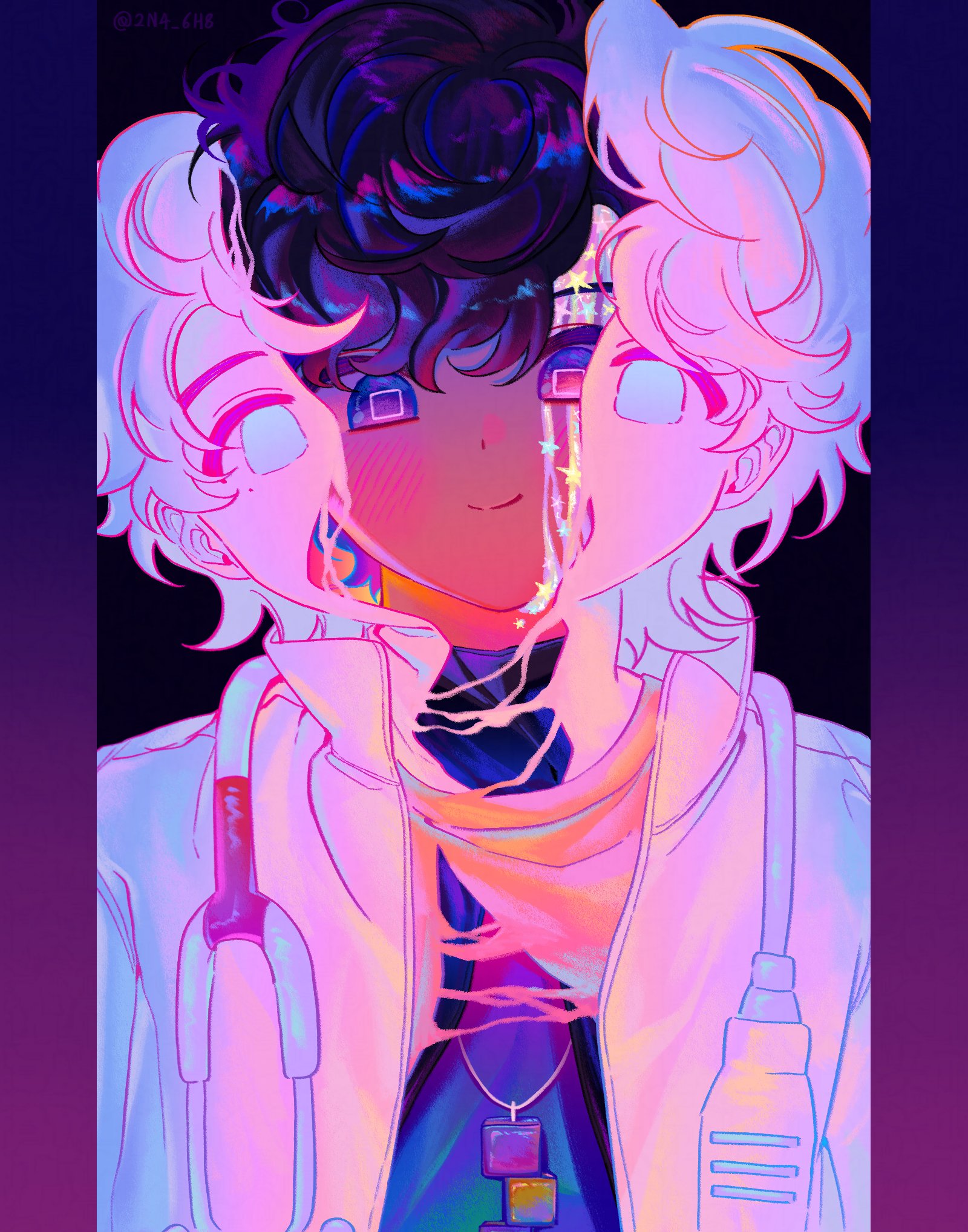 max (2n4 6h8), houjou emu, parad, kamen rider, kamen rider ex-aid (series), tokusatsu, highres, 2boys, black background, black hair, border, gradient border, jewelry, looking at viewer, male focus, melting, multiple boys, necklace, pink border, purple border, purple eyes, short hair, smile, square pupils, stethoscope, stethoscope around neck