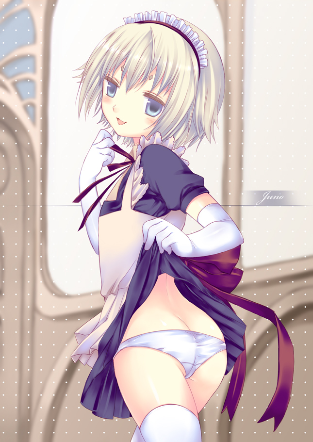 yamako, yamako (mdo), juno (element hunters), element hunters, bad id, bad pixiv id, 00s, 1girl, android, apron, ass, blonde hair, blue eyes, blush, butt crack, clothes lift, dress, dress lift, elbow gloves, female focus, gloves, loli, looking at viewer, looking back, lowleg, lowleg panties, maid, maid apron, maid headdress, open mouth, panties, short hair, skirt, skirt lift, smile, solo, striped clothes, striped panties, thighhighs, underwear, upskirt, white gloves, white panties, white thighhighs, yuno (element hunters)