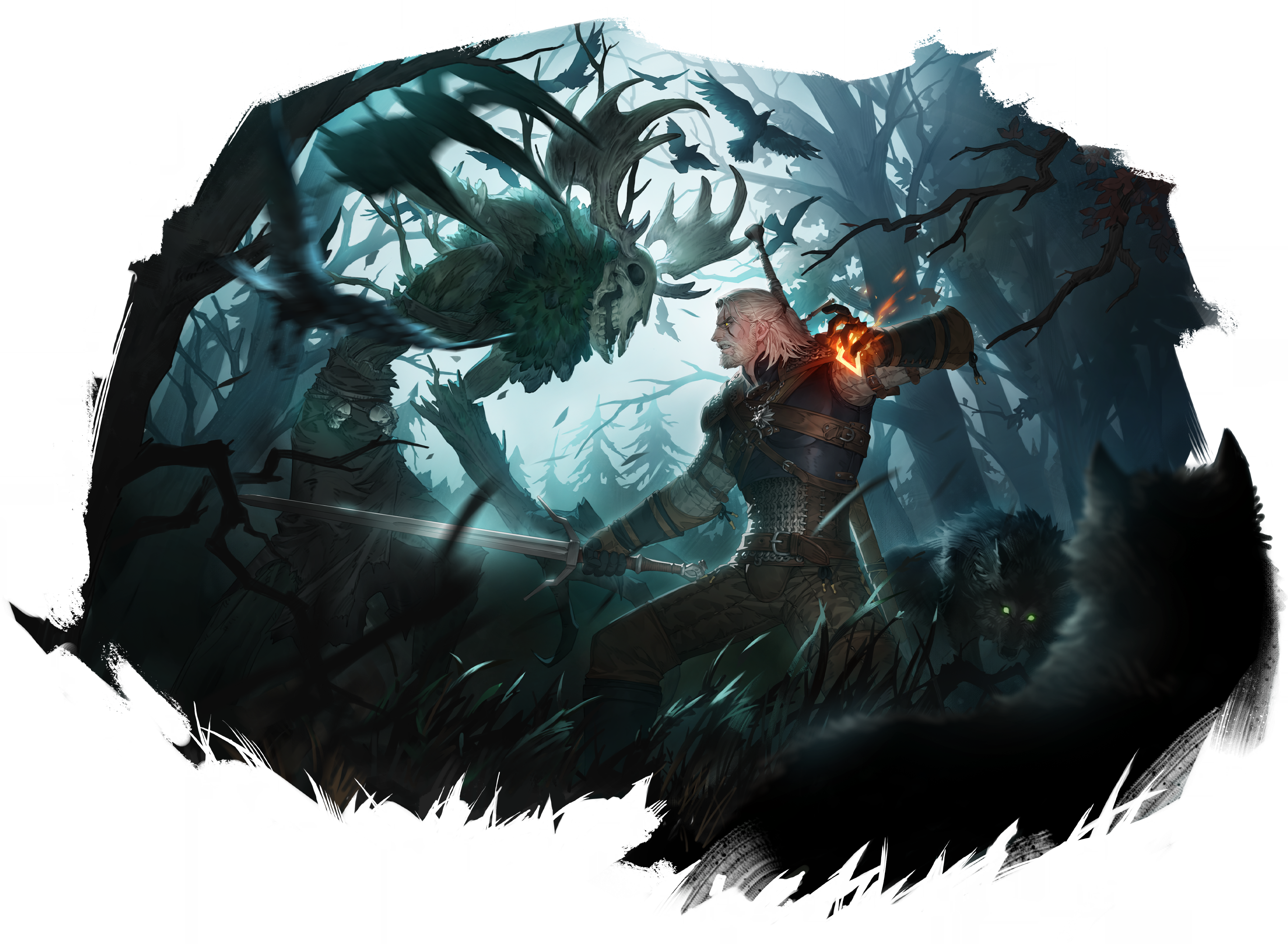 geralt of rivia, the witcher (series), the witcher 3, absurdres, game cg, highres, non-web source, official art, 1boy, antlers, armor, belt, bird, border, brown belt, brown pants, chainmail, crow, fighting, fire, forest, gloves, half updo, holding, holding sword, holding weapon, horns, leshen, medium hair, monster, nature, pants, pyrokinesis, scar, scar on face, skull, sword, sword of convallaria, sword on back, transparent border, weapon, weapon on back, white hair, witcher medallion, wolf, yellow eyes