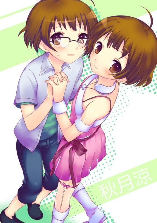 yamako, yamako (mdo), akizuki ryo, idolmaster, idolmaster dearly stars, bad id, bad pixiv id, 00s, 2boys, ahoge, bare shoulders, brown eyes, brown hair, cross, crossdressing, crossdressing (mtf), cute & girly (idolmaster), dual persona, glasses, jewelry, multiple boys, necklace, short hair, thighhighs, trap, wristband, zettai ryouiki