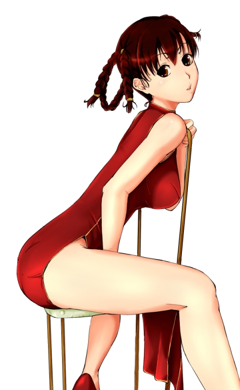 hawoku ishibare, lei fang, dead or alive, tecmo, bad id, bad pixiv id, 1girl, bare legs, braid, breasts, brown eyes, brown hair, chair, china dress, chinese clothes, dress, female focus, large breasts, looking at viewer, pelvic curtain, red shoes, shoes, simple background, sitting, sitting backwards, solo, white background
