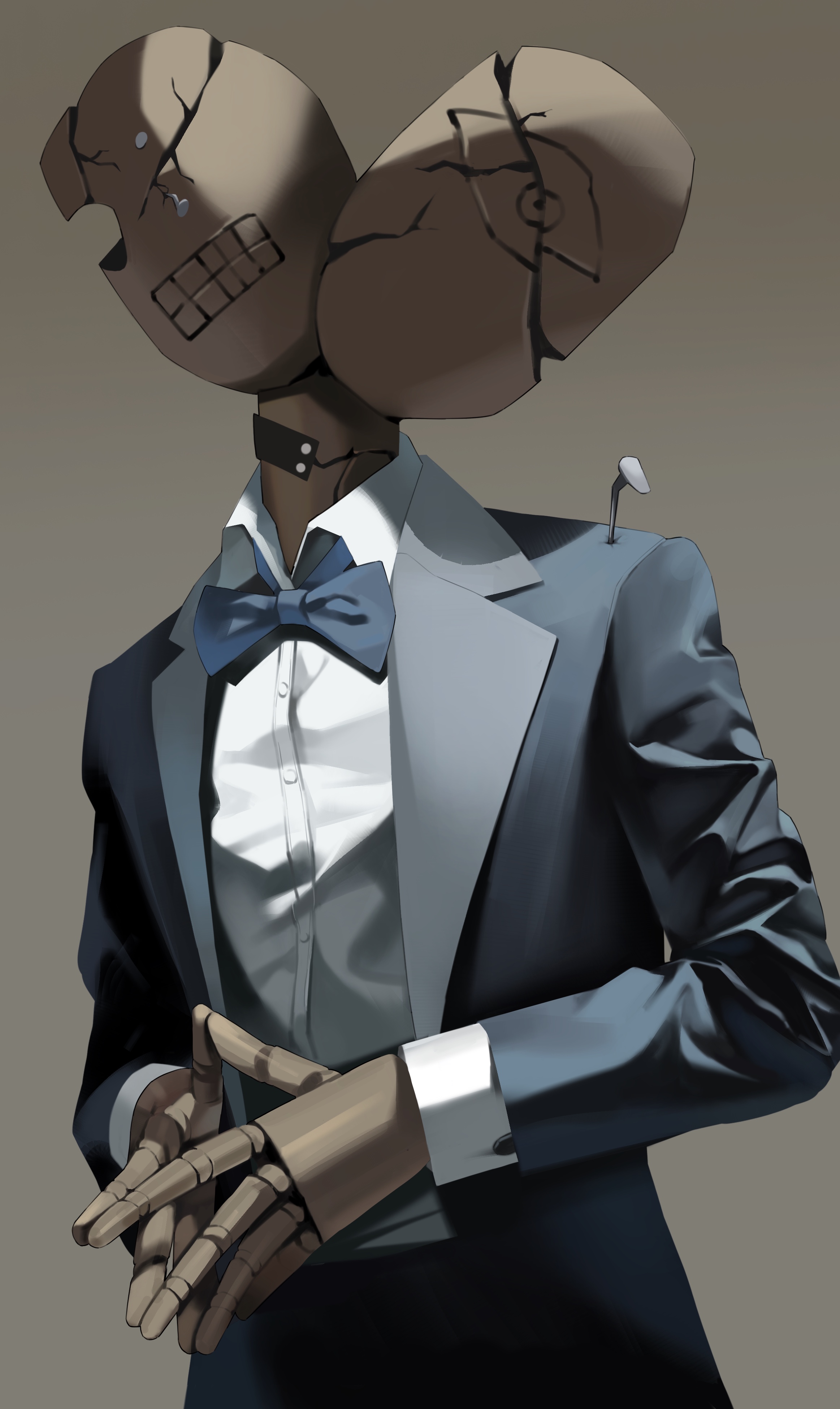 fromgod jungle, maestro (blue archive), blue archive, absurdres, commentary, highres, 1boy, blue bow, blue bowtie, blue jacket, bow, bowtie, brown background, crack, dress shirt, formal clothes, jacket, male focus, mannequin, multiple heads, nail (hardware), own hands together, shirt, simple background, steepled fingers, suit, suit jacket, tuxedo, white shirt