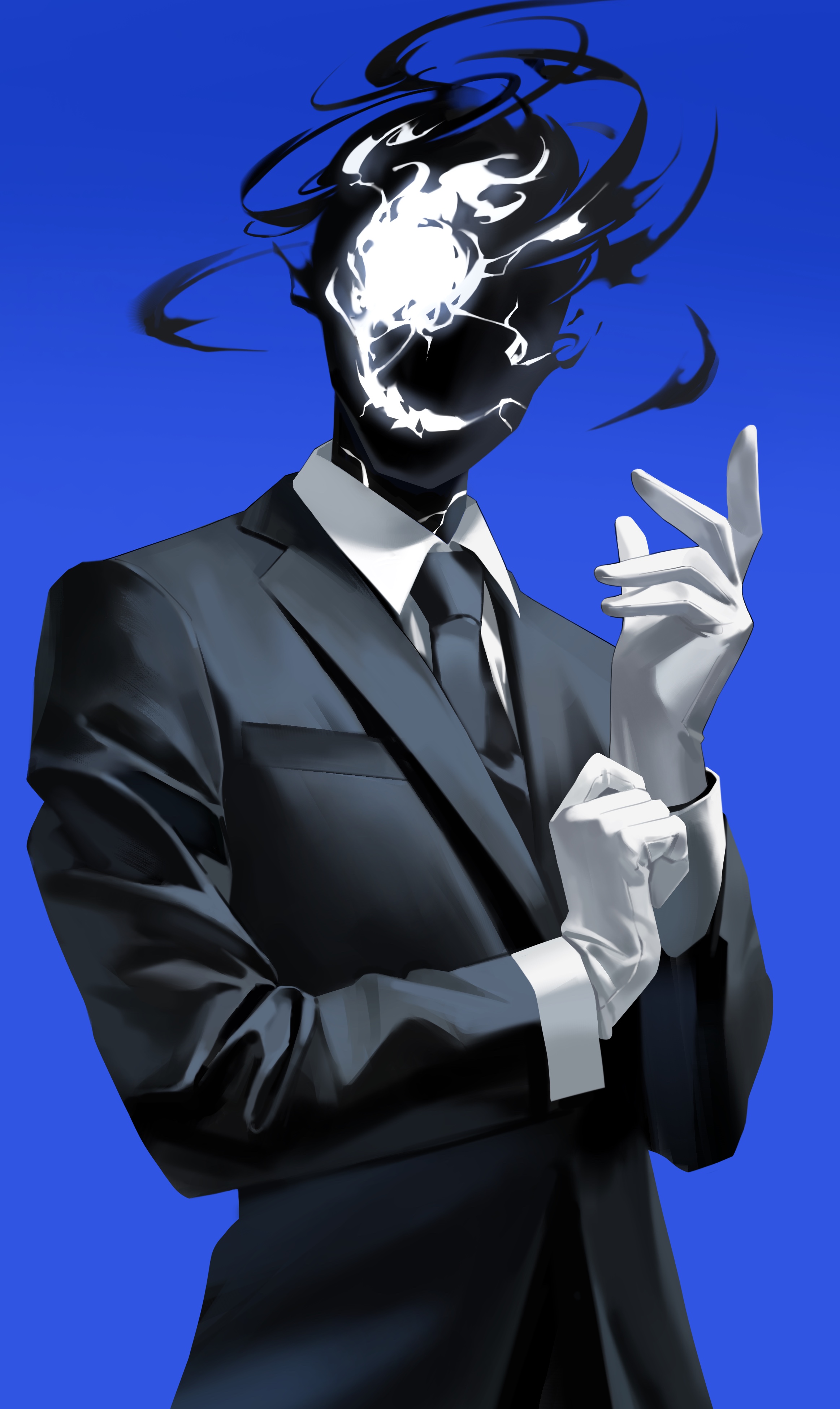 fromgod jungle, black suit (blue archive), blue archive, absurdres, commentary, highres, 1boy, black fire, black necktie, black skin, black suit, blue background, business suit, collared shirt, colored skin, cracked skin, fire, formal clothes, glove pull, gloves, glowing, glowing eye, long sleeves, looking at viewer, male focus, necktie, shirt, simple background, smile, solo, suit, white gloves