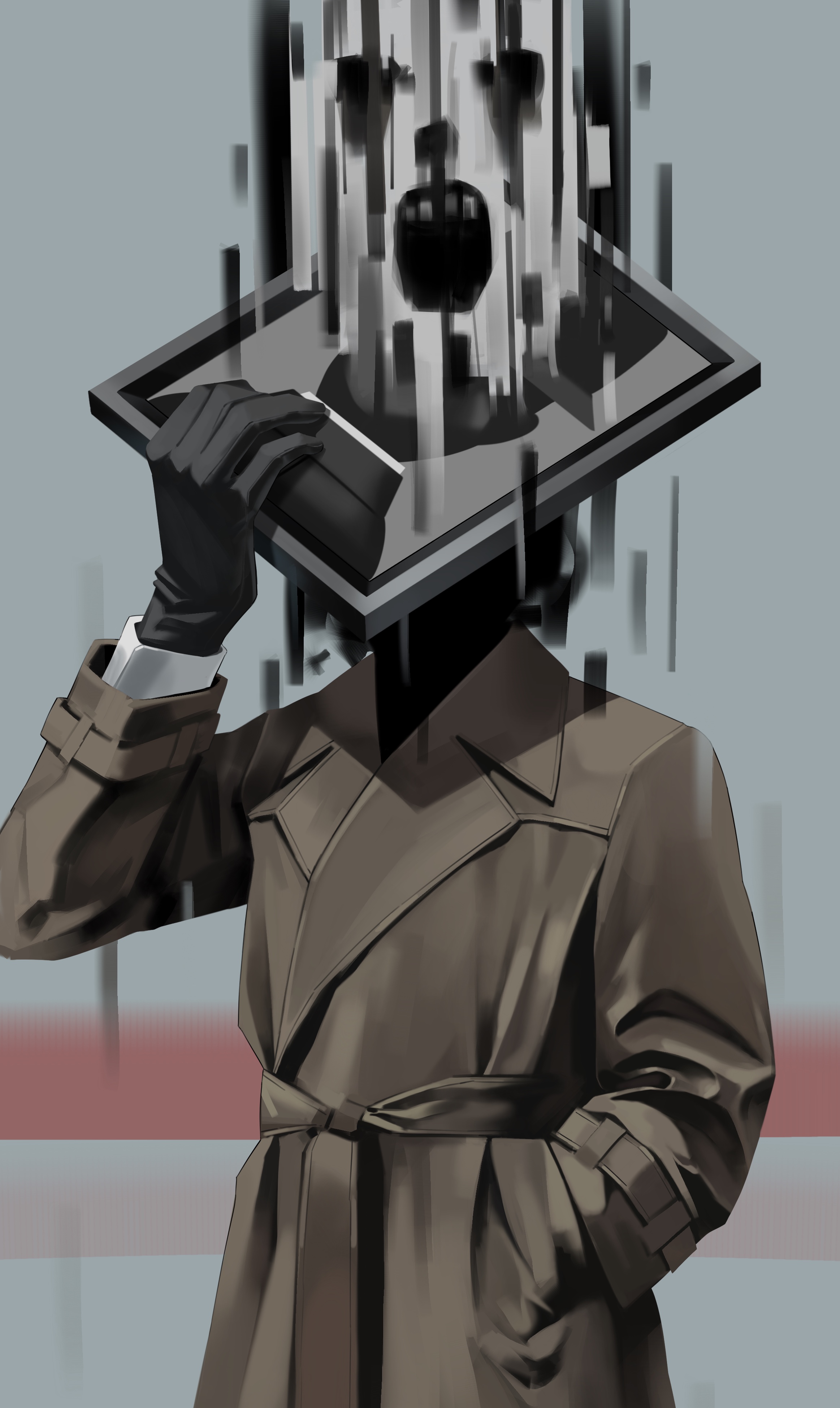 fromgod jungle, francis (blue archive), golconda & decalcomania (blue archive), blue archive, absurdres, commentary, highres, 3boys, black gloves, bowler hat, brown coat, coat, gloves, hat, headless, holding, holding portrait, long sleeves, male focus, multiple boys, portrait (object), trench coat