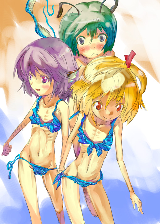 sangensei, yohane, mystia lorelei, rumia, wriggle nightbug, touhou, 3girls, animal ears, antennae, bikini, blonde hair, blush, female focus, green eyes, hair ribbon, multiple girls, purple eyes, purple hair, red eyes, ribbon, ribs, skinny, swimsuit