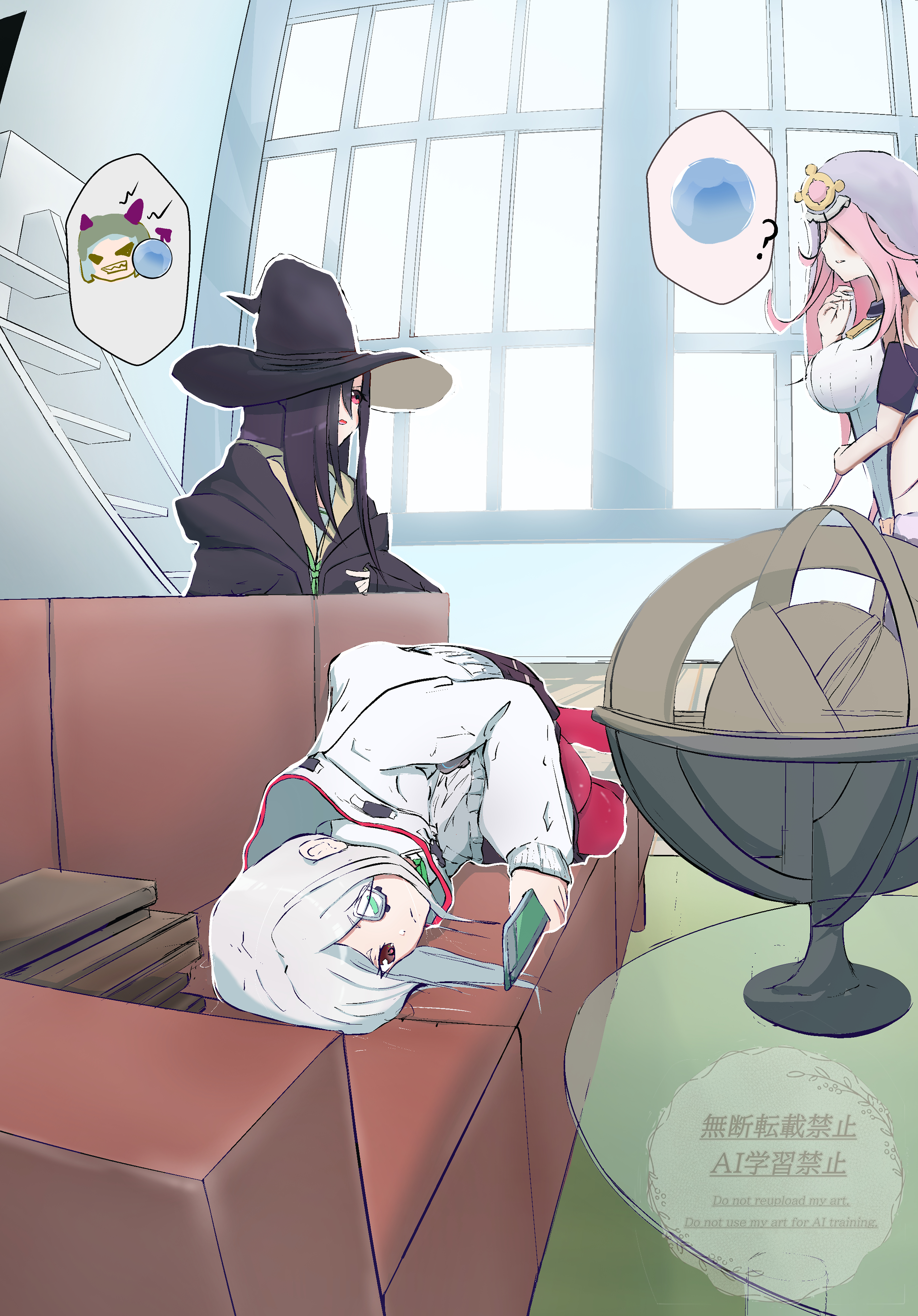 kuryumiru0929, sakuraba seira, tenne miko, yamawaki bon ivar, heaven burns red, absurdres, highres, 3girls, ?, black hair, black robe, blue eyes, book, book stack, breasts, chinese text, couch, hat, holding, hood, indoors, large breasts, long hair, long sleeves, looking at another, multiple girls, pantyhose, phone, pink hair, potion, red eyes, robe, school uniform, speech bubble, stairs, table, white hair, window, witch, witch hat