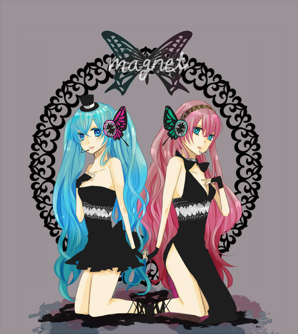 kayabuki, hatsune miku, megurine luka, magnet (vocaloid), vocaloid, bad id, bad pixiv id, 2girls, bad anatomy, blue eyes, blue hair, butterfly wings, dress, fingerless gloves, full body, gloves, hat, headphones, headset, insect wings, long hair, mini hat, mini top hat, multiple girls, nail polish, pink hair, poorly drawn, top hat, wings, yuri