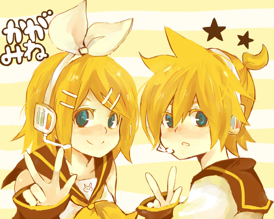 usagi (pixiv756855), kagamine len, kagamine rin, vocaloid, bad id, bad pixiv id, 1boy, 1girl, blonde hair, blue eyes, brother and sister, hair ornament, hair ribbon, hairclip, headphones, headset, ribbon, short hair, siblings, smile, twins, v