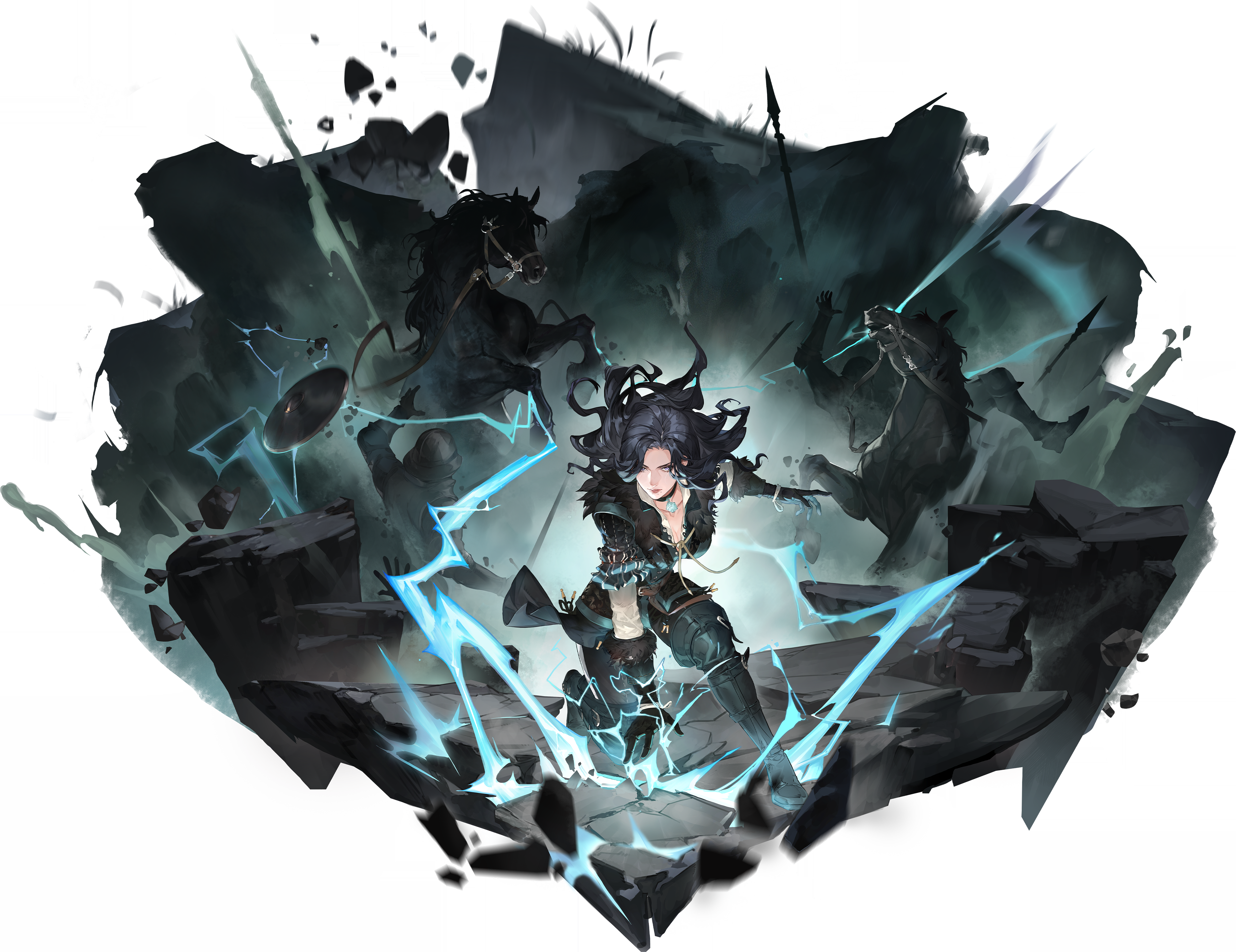 yennefer of vengerberg, the witcher (series), the witcher 3, absurdres, game cg, highres, non-web source, official art, 1girl, 2others, belt, black choker, black gloves, black hair, black pants, boots, border, breasts, brown belt, choker, cleavage, electricity, electrokinesis, fighting, fur trim, gloves, horse, knee boots, long hair, mole, mole under mouth, multiple others, on one knee, pants, purple eyes, shield, solo focus, sword of convallaria, transparent border