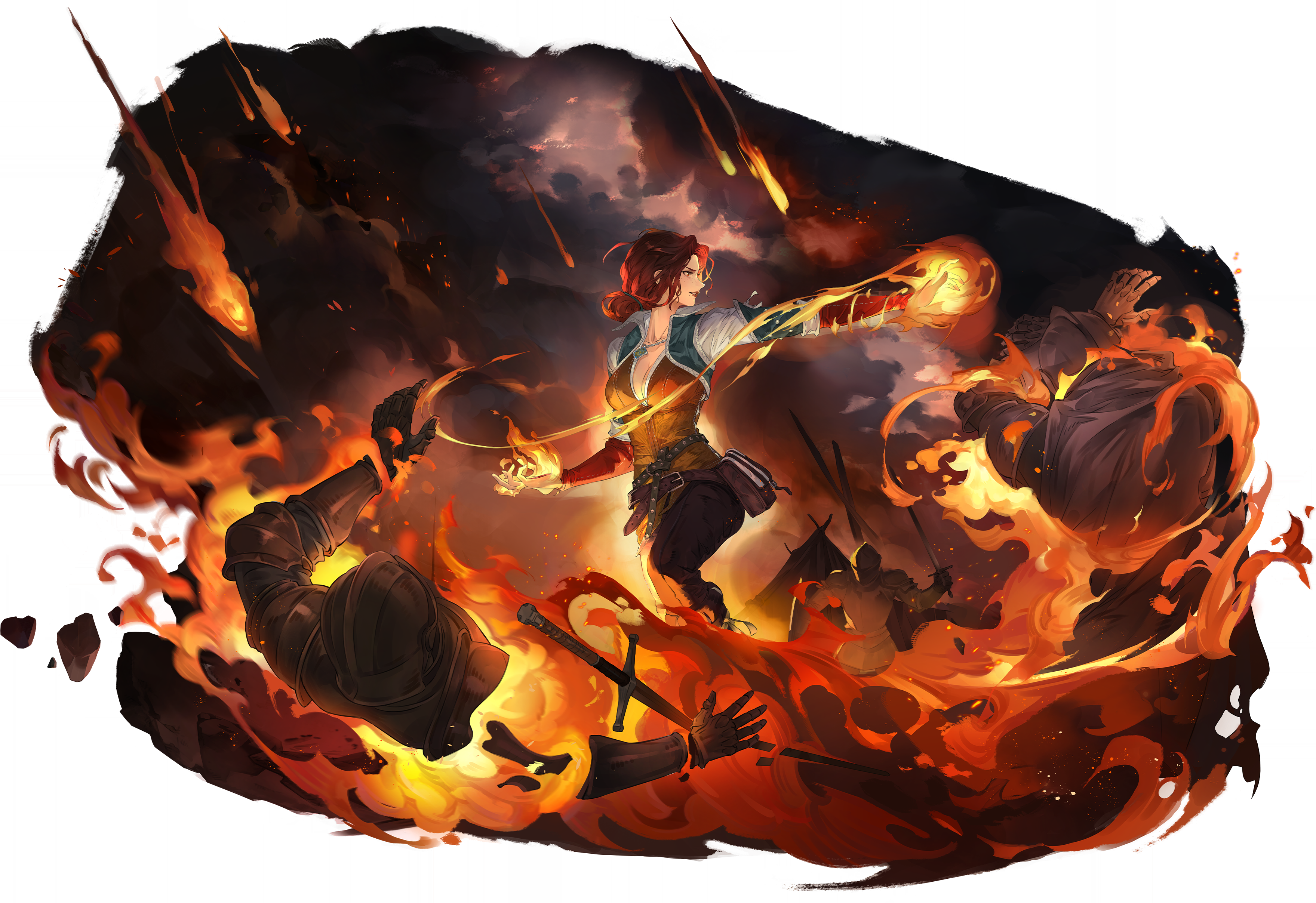 triss merigold, the witcher (series), the witcher 3, absurdres, game cg, highres, non-web source, official art, 1girl, 3others, belt, belt pouch, breasts, brown belt, brown pants, burning, cleavage, fighting, fire, hair bun, holding, holding sword, holding weapon, light smile, long hair, multiple others, outstretched arm, pants, parted lips, pouch, profile, pyrokinesis, red eyes, red hair, shrug (clothing), solo focus, sword, sword of convallaria, tent, tunic, weapon