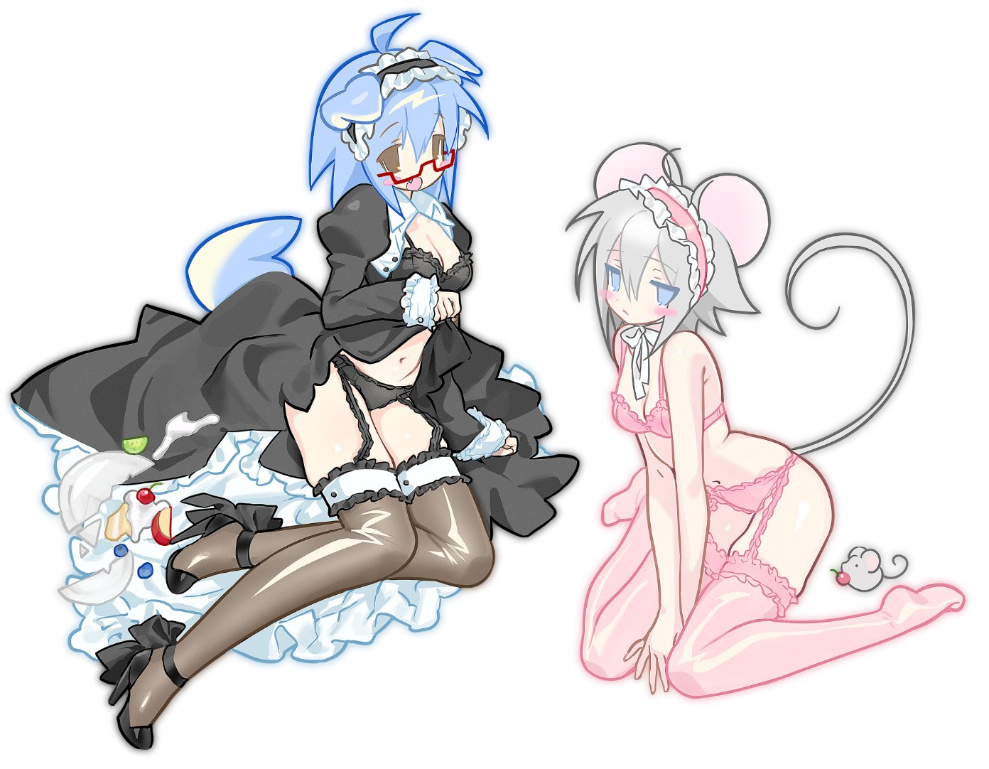 kichiko (ryu10855), original, commentary, symbol-only commentary, 2girls, :/, :o, ahoge, animal ears, armpit crease, bare arms, between legs, black bra, black dress, black hairband, black panties, black shoes, blue eyes, blue hair, blush stickers, bow, bra, breasts, broken plate, brown eyes, cake, cake slice, cleavage, clothes lift, collared dress, dog ears, dog girl, dog tail, dress, dress lift, fang, food, footwear bow, frilled hairband, frilled thighhighs, frills, full body, garter straps, glasses, grey hair, hairband, hand between legs, high heels, juliet sleeves, long sleeves, looking at viewer, medium breasts, medium hair, mouse (animal), mouse ears, mouse girl, mouse tail, multiple girls, navel, no shoes, open clothes, open dress, open mouth, panties, pink bra, pink hairband, pink panties, pink thighhighs, plate, puffy sleeves, red-framed eyewear, ribbon, semi-rimless eyewear, shoes, simple background, sitting, tail, thighhighs, under-rim eyewear, underwear, wariza, white background, white ribbon