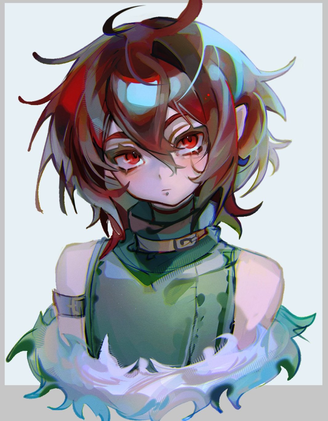 cloud (lufaeris), original, commentary, highres, symbol-only commentary, 1boy, bare shoulders, brown hair, closed mouth, cropped torso, double-parted bangs, fur (clothing), green shirt, grey background, hair between eyes, looking at viewer, male focus, messy hair, red eyes, shirt, short hair, sleeveless, sleeveless shirt, solo