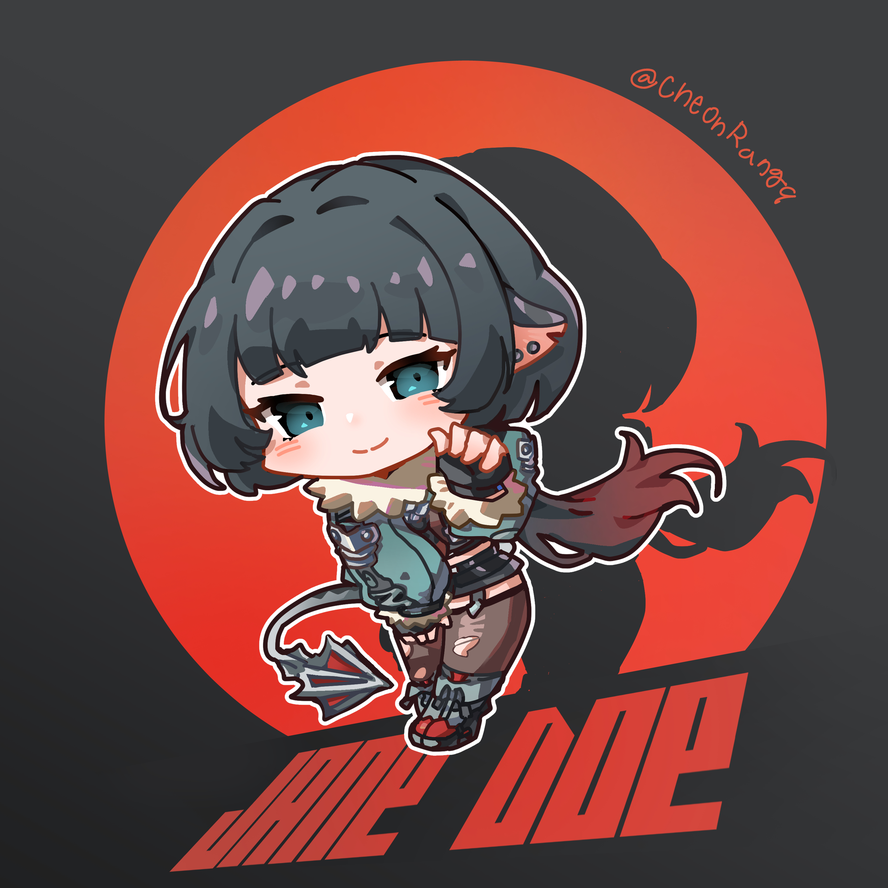 erty113, jane doe (zenless zone zero), zenless zone zero, absurdres, commentary, hashtag-only commentary, highres, 1girl, animal ears, black background, black gloves, black hair, black shorts, blue eyes, blush, border, character name, chibi, chibi only, closed mouth, fingerless gloves, full body, fur-trimmed jacket, fur trim, garter straps, gloves, grey jacket, grey shoes, hand up, high-waist shorts, jacket, long hair, long tail, looking at viewer, mouse ears, mouse girl, mouse tail, multicolored hair, notched ear, outline, pantyhose, red background, red hair, round border, sharp tail, shoes, shorts, silhouette, single garter strap, single leg pantyhose, single thighhigh, smile, solo, tail, thighhighs, torn clothes, torn pantyhose, torn thighhighs, twitter username, two-tone background, white outline