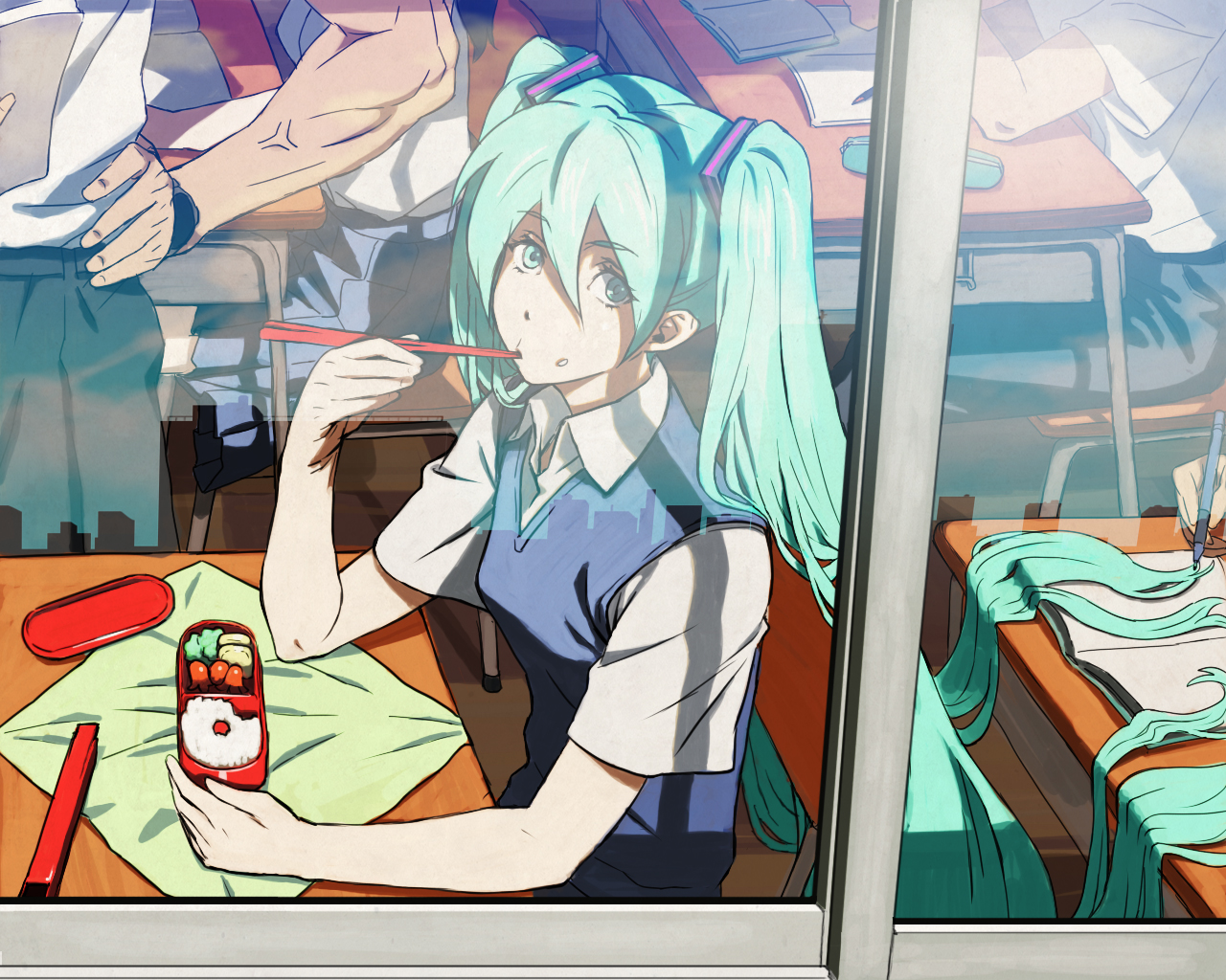 yoshimura ken'ichirou, yosshii, hatsune miku, vocaloid, 2boys, 2girls, age difference, alternate costume, aqua eyes, aqua hair, bento, black hair, book, breasts, building, chair, chopsticks, cityscape, classroom, collared shirt, desk, eating, food, food on face, hair between eyes, hair ornament, hand on own hip, holding, indoors, long hair, looking at viewer, looking back, multiple boys, multiple girls, muscular, open book, pants, pen, pleated skirt, reflection, rice, school, school desk, school uniform, shirt, short sleeves, silhouette, sitting, skirt, skyscraper, small breasts, solo focus, sweater vest, teacher, teacher and student, twintails, veins, very long hair, watch, window, wristwatch, writing