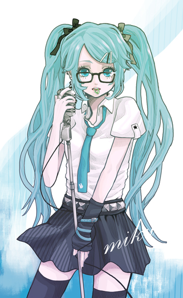 usa2 (..), hatsune miku, vocaloid, bad id, bad pixiv id, aqua eyes, aqua hair, bespectacled, black thighhighs, glasses, hair ornament, hair ribbon, hairclip, long hair, microphone, microphone stand, necktie, ribbon, skirt, solo, square-end necktie, thighhighs, twintails, zettai ryouiki