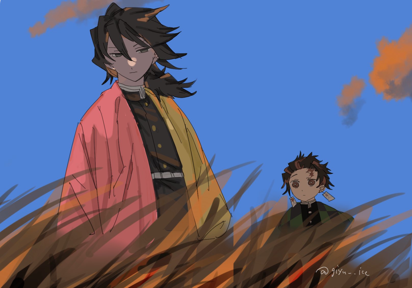 kamado tanjirou, tomioka giyuu, kimetsu no yaiba, highres, 2boys, belt, black hair, black jacket, black pants, blue eyes, brown hair, buttons, checkered haori, demon slayer uniform, earrings, giyu ice, gold buttons, hanafuda earrings, haori, high collar, jacket, japanese clothes, jewelry, long hair, low ponytail, male focus, multiple boys, pants, ponytail, print haori, red haori, short hair, spiked hair, white belt