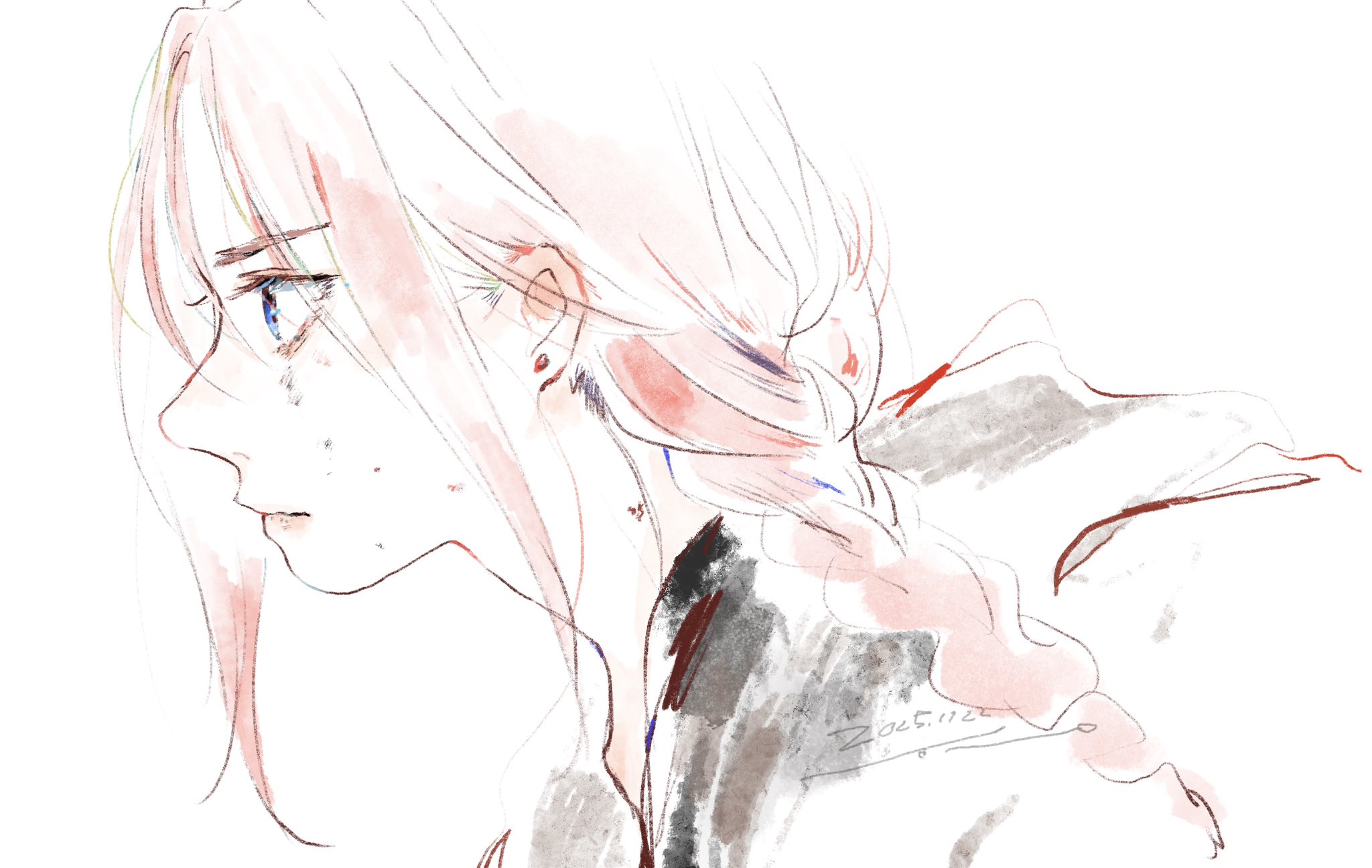 wakame (pixiv128625), hashtag-only commentary, highres, making-of available, 1girl, blue eyes, closed mouth, crying, crying with eyes open, dated, earrings, hair behind ear, hateshinaki scarlet, jewelry, leaning forward, long braid, looking ahead, partially colored, pink hair, portrait, profile, scarlet (hateshinaki scarlet), sidelocks, signature, simple background, solo, stud earrings, tearing up, tears, white background