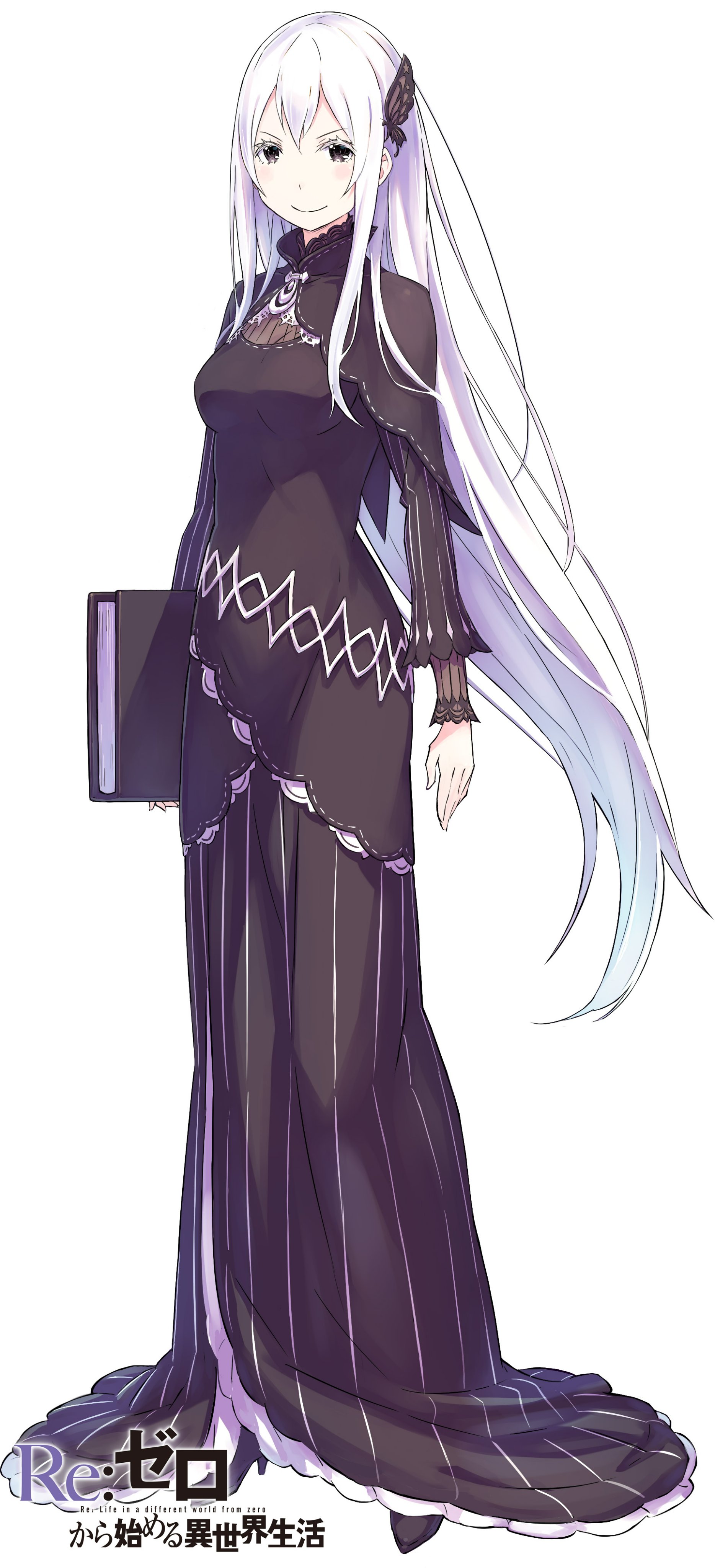 ootsuka shin'ichirou, echidna (re:zero), re:zero kara hajimeru isekai seikatsu, absurdres, commentary request, highres, official art, 1girl, black capelet, black dress, black shoes, blush, book, breasts, butterfly hair ornament, capelet, closed mouth, colored eyelashes, copyright name, dress, english text, full body, hair between eyes, hair ornament, high heels, holding, holding book, long dress, long hair, long sidelocks, long sleeves, looking at viewer, medium breasts, purple eyes, shoes, sidelocks, simple background, smile, solo, standing, tachi-e, title, very long hair, white background, white eyelashes, white hair