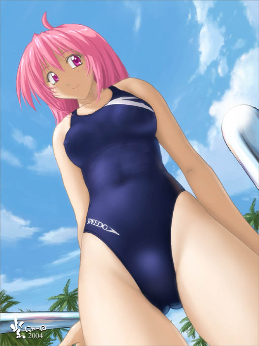 nyanko batake, speedo (company), character request, blue one-piece swimsuit, blue sky, cloud, competition swimsuit, cowboy shot, from below, looking at viewer, looking down, one-piece swimsuit, outdoors, palm tree, pink eyes, pink hair, sky, smile, swimsuit, tree