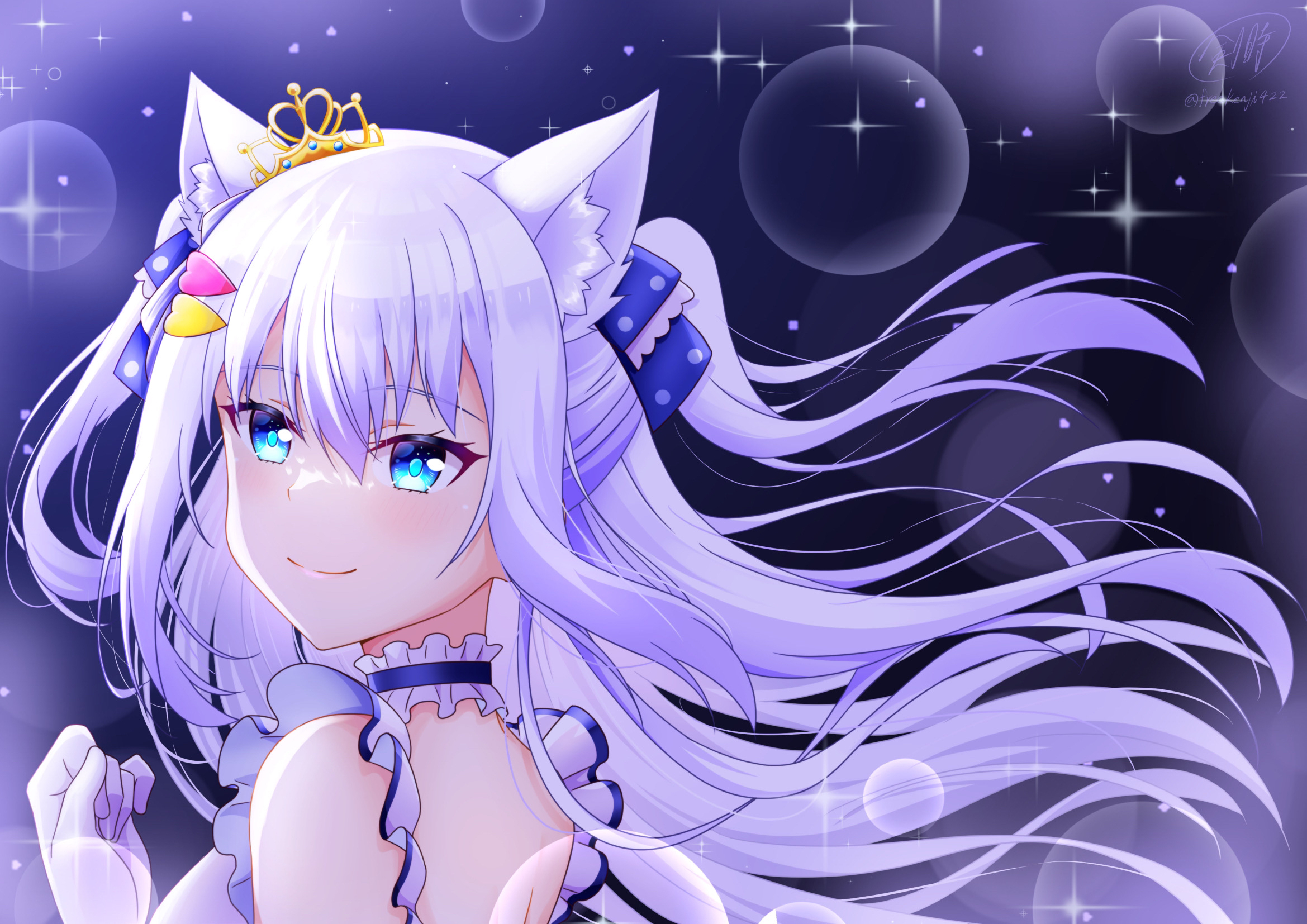 ken-ji, shirayuki mishiro, noripro, commentary request, highres, 1girl, animal ear fluff, animal ears, blue bow, blue choker, blue dress, blue eyes, bow, cat ears, cat girl, choker, closed mouth, crown, dress, eyelashes, floating hair, frilled choker, frills, from side, gloves, hair between eyes, hair bow, hair ornament, hairclip, heart, heart hair ornament, light particles, long hair, looking at viewer, looking to the side, portrait, sidelocks, sleeveless, sleeveless dress, smile, solo, sparkle, two-tone choker, two-tone dress, virtual youtuber, white background, white choker, white dress, white gloves