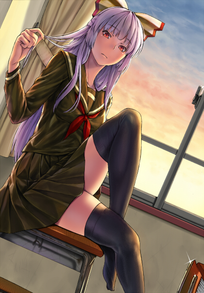 inuzuka bouru, fujiwara no mokou, touhou, light purple hair, silver hair, bad id, bad pixiv id, 1girl, alternate costume, black thighhighs, bow, desk, dutch angle, female focus, hair bow, large bow, legs, long hair, on desk, red eyes, school uniform, serafuku, sitting, solo, thighhighs, twirling hair, window, zettai ryouiki