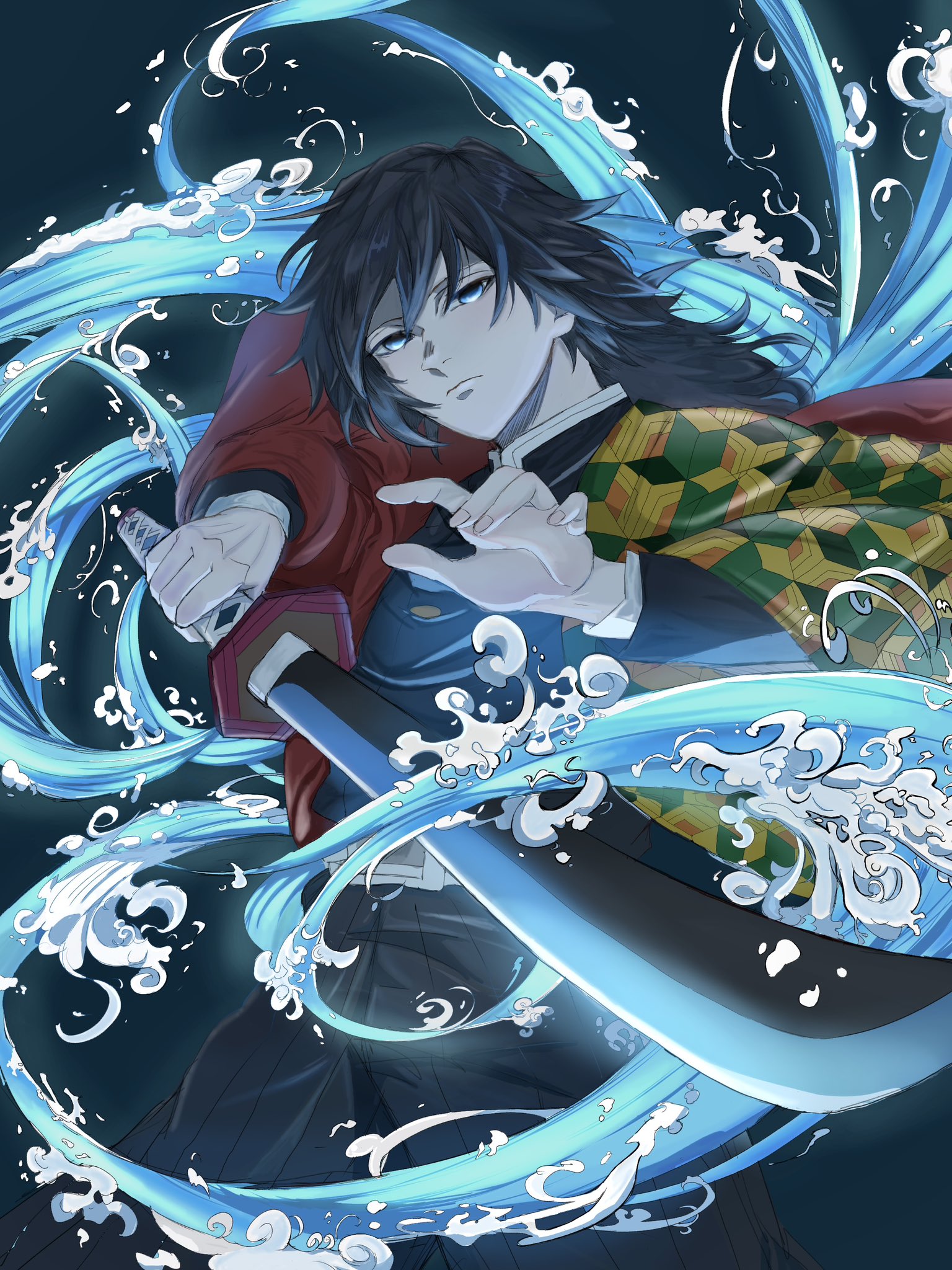 tomioka giyuu, kimetsu no yaiba, highres, 1boy, belt, black hair, black jacket, black pants, blue eyes, buttons, closed mouth, cowboy shot, demon slayer uniform, gold buttons, hair between eyes, haori, high collar, holding, holding sword, holding weapon, jacket, japanese clothes, katana, kikkoumon, long hair, looking at viewer, low ponytail, male focus, pants, pointing, pointing at viewer, ponytail, print haori, red haori, sagirinmino, solo, spiked hair, sword, weapon, white belt