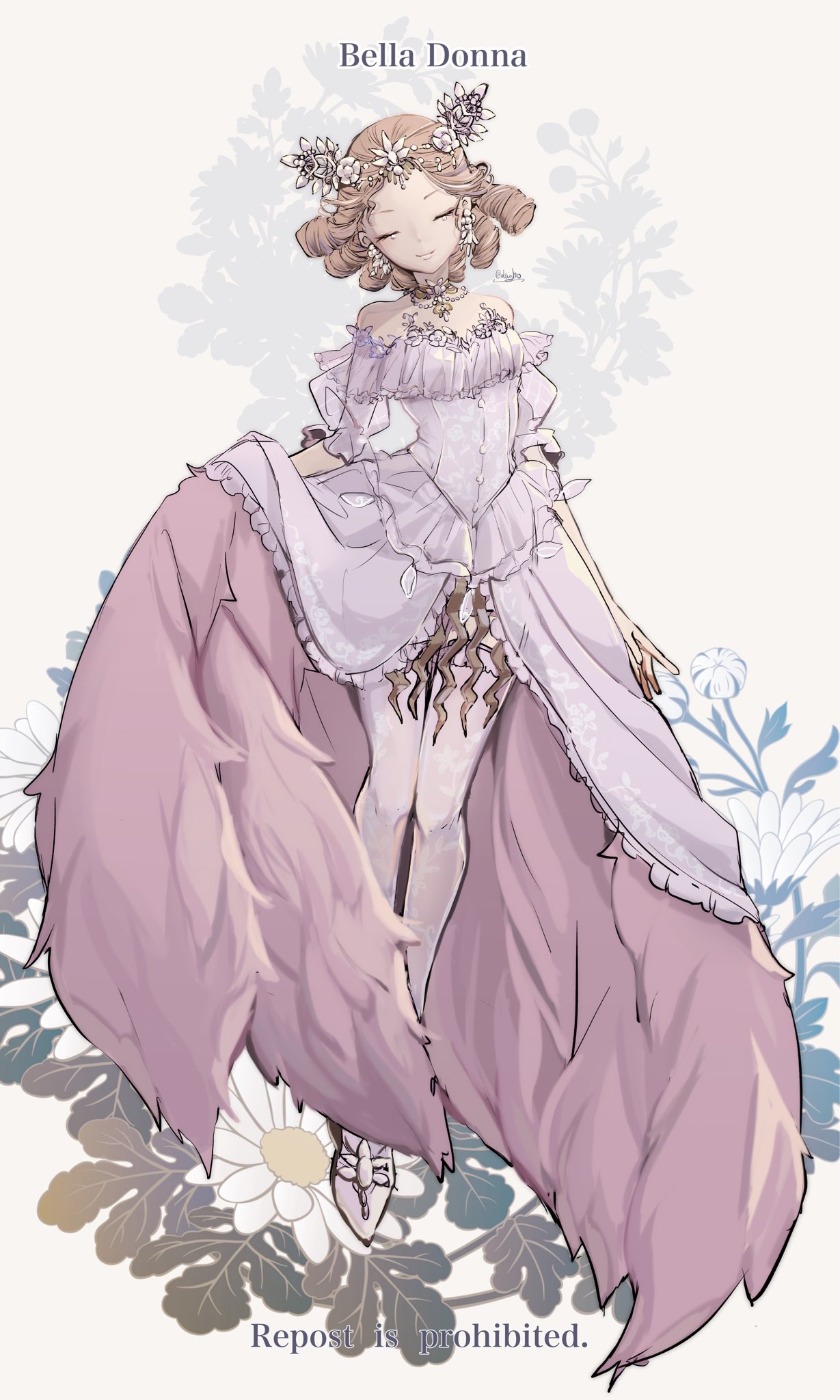 lugh, mary (identity v), mary (lady bella) (identity v), identity v, highres, 1girl, brown hair, character name, closed eyes, clothes pull, corset, daisy (flower), dress, dress pull, drill hair, earrings, floral print, flower, full body, gold choker, head chain, head tilt, jewel under eye, jewelry, lace, lace thighhighs, light smile, medium hair, off shoulder, official alternate costume, solo, thighhighs, white corset, white dress, white thighhighs