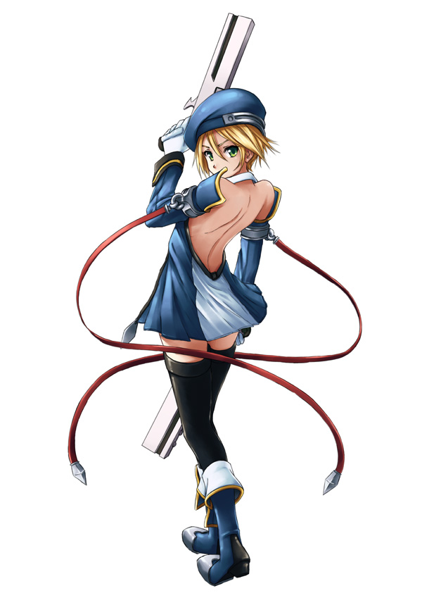softmode, noel vermillion, arc system works, blazblue, bad id, bad pixiv id, 1girl, back, backless dress, backless outfit, beret, black thighhighs, blonde hair, blue boots, boots, detached sleeves, dress, dual wielding, female focus, from behind, gloves, green eyes, gun, handgun, hands on own hips, hat, holding, legs, looking back, short dress, short hair, simple background, solo, thighhighs, weapon, white gloves, zettai ryouiki