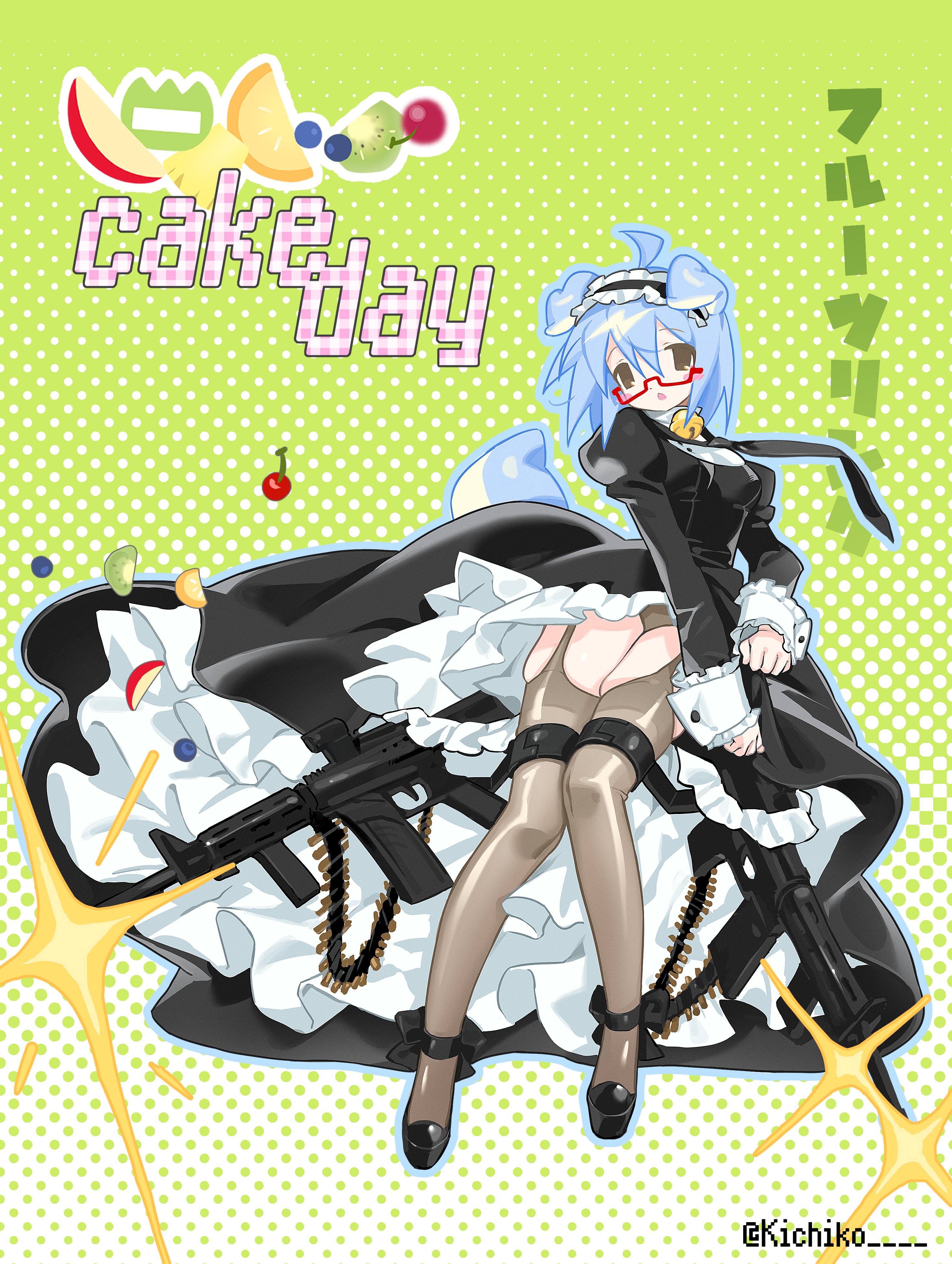 kichiko (ryu10855), original, absurdres, commentary, highres, 1girl, :o, ahoge, animal ears, apple, apple slice, bell, black dress, black hairband, black necktie, black shoes, blue hair, blueberry, blush stickers, bow, breasts, brown eyes, brown panties, brown thighhighs, cherry, dog ears, dog girl, dog tail, dress, firing, food, footwear bow, frilled dress, frilled hairband, frills, fruit, full body, garter straps, glasses, green background, gun, hairband, halftone, halftone background, high-low dress, jingle bell, juliet sleeves, kiwi (fruit), kiwi slice, long sleeves, medium breasts, medium hair, muzzle flash, neck bell, necktie, open mouth, orange (fruit), orange slice, panties, puffy sleeves, red-framed eyewear, semi-rimless eyewear, shoes, skindentation, skirt hold, solo, tail, thigh strap, thighhighs, twitter username, under-rim eyewear, underwear, weapon