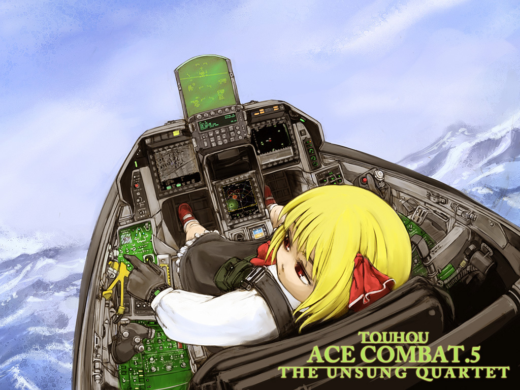 cervus, f-16, rumia, ace combat, ace combat 5, embodiment of scarlet devil, touhou, 1girl, aircraft, airplane, blonde hair, cockpit, controller, day, female focus, fighter jet, flying, gloves, hair ribbon, heads-up display, joystick, military, military vehicle, mountain, parody, red eyes, ribbon, short hair, sky, solo, user interface