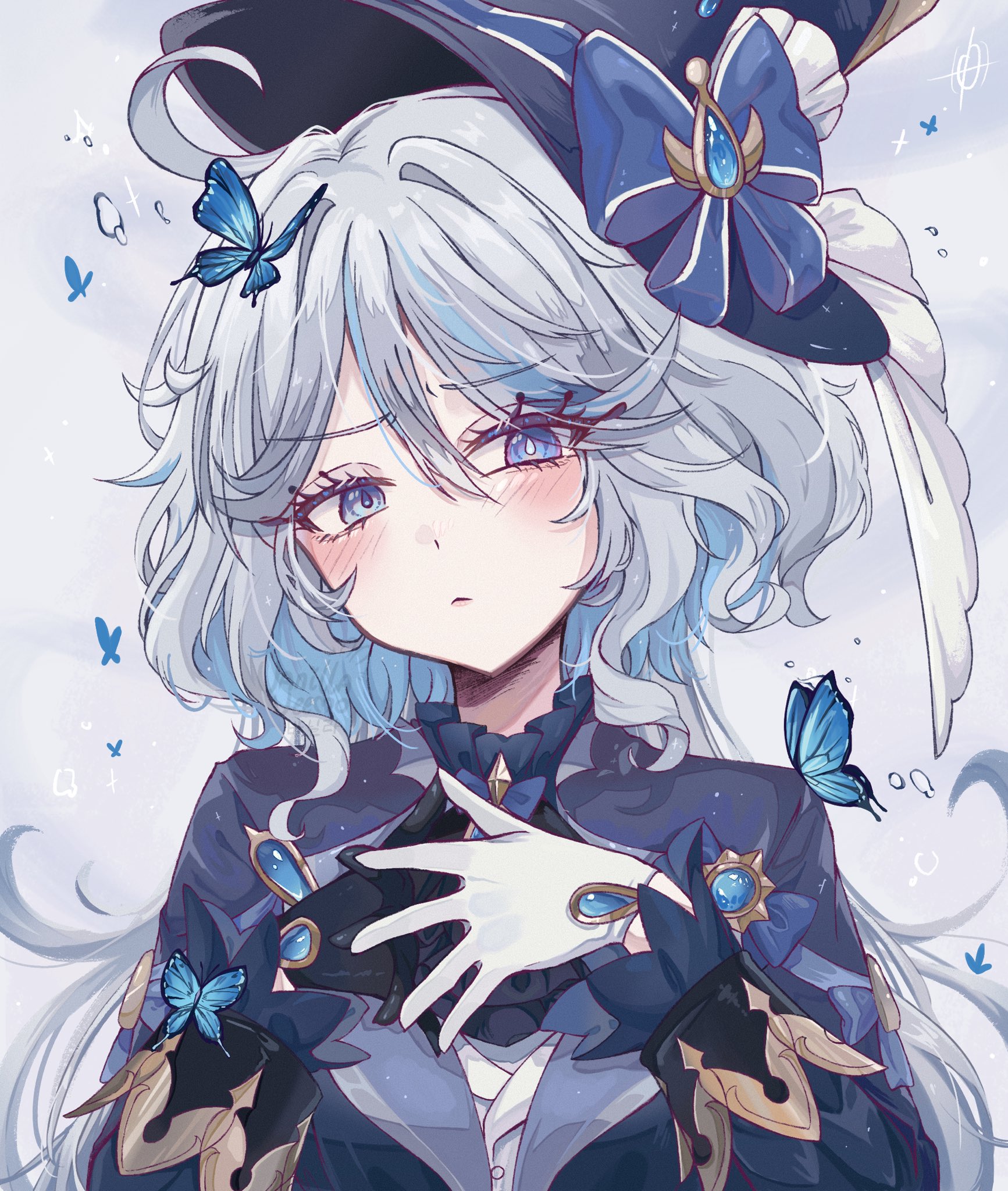vanillashiii, furina (genshin impact), genshin impact, commentary, commentary request, english commentary, highres, korean commentary, mixed-language commentary, 1girl, ahoge, asymmetrical gloves, black gloves, blue bow, blue butterfly, blue eyes, blue gemstone, blue hair, blue hat, blue jacket, blush, bow, bug, butterfly, closed mouth, drop-shaped pupils, gem, gloves, hair between eyes, hair intakes, hat, hat bow, heterochromia, insect, jacket, long hair, long sleeves, looking at viewer, mismatched gloves, mismatched pupils, multicolored hair, own hands together, solo, streaked hair, symbol-shaped pupils, upper body, wavy hair, white gloves, white hair
