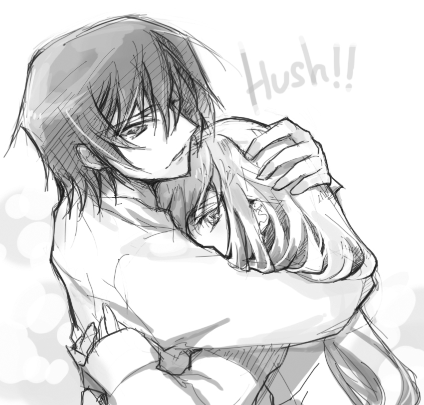 creayus, c.c., lelouch vi britannia, code geass, 00s, 1boy, 1girl, couple, english text, greyscale, hand on another's head, head rest, hetero, hug, monochrome, protecting